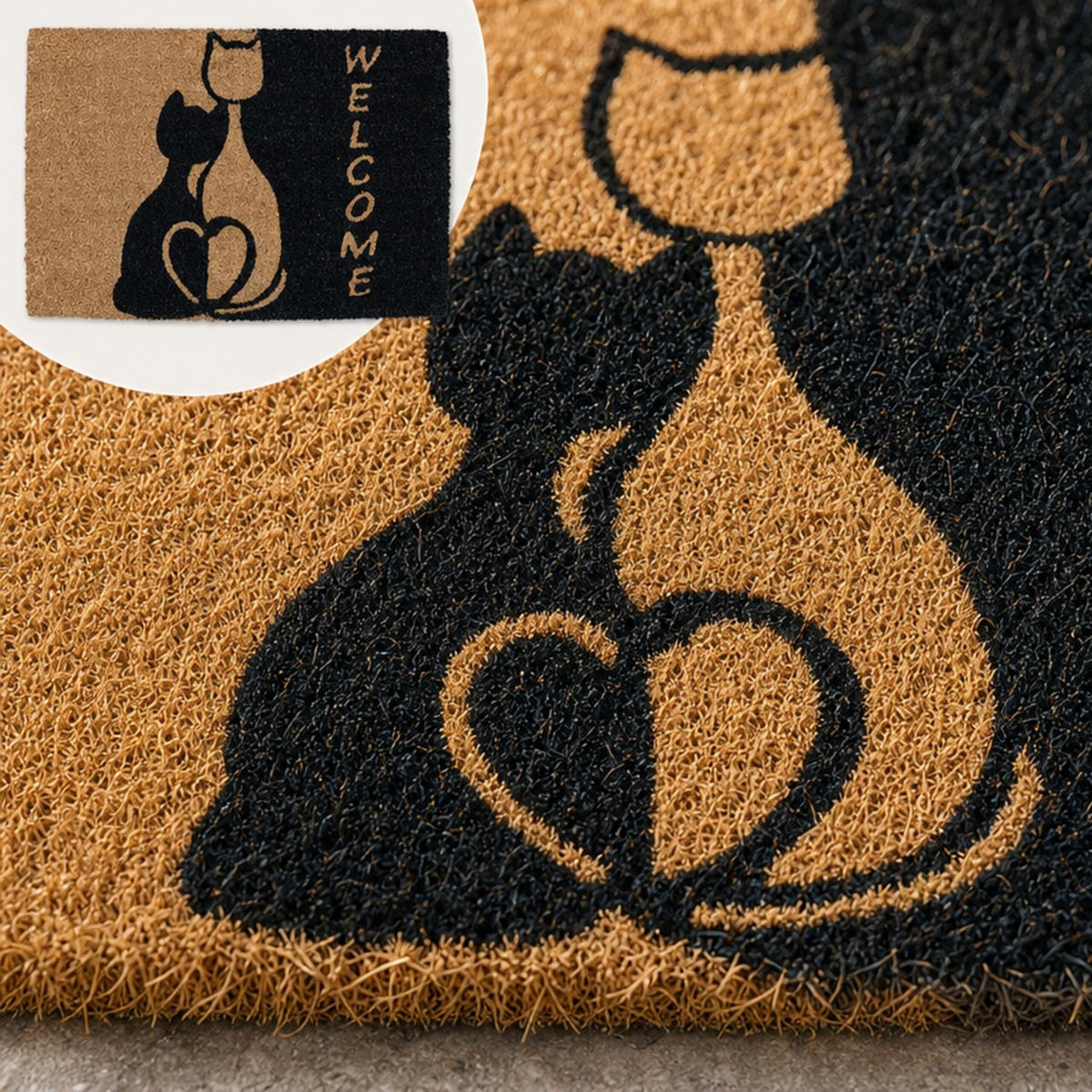FUSSMATTE Natur Schwarz Kokos Katzenmotiv 60x40 cm - Multicolor, Kunststoff/Textil (60/40cm) - Relaxdays