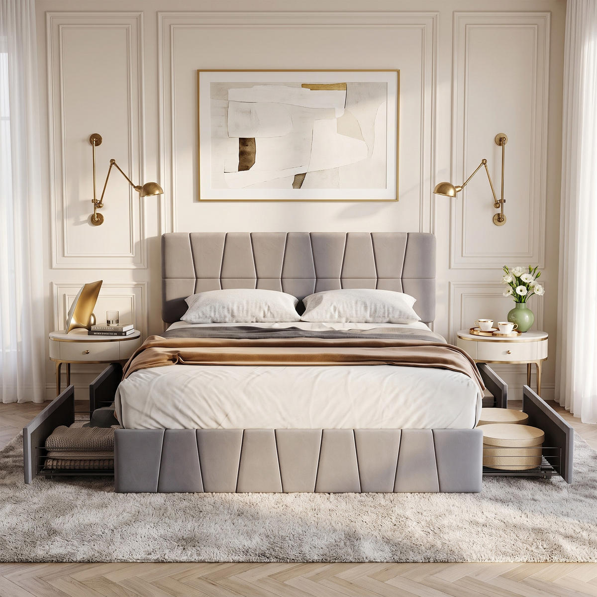 POLSTERBETT 160x200 cm mit 4 Schubladen, Doppelbett 160x200 mit Stauraum, Lattenrost, grauer Samtstoff - Grau, Holz/Holzwerkstoff (160/200cm) - GENKI LIVING