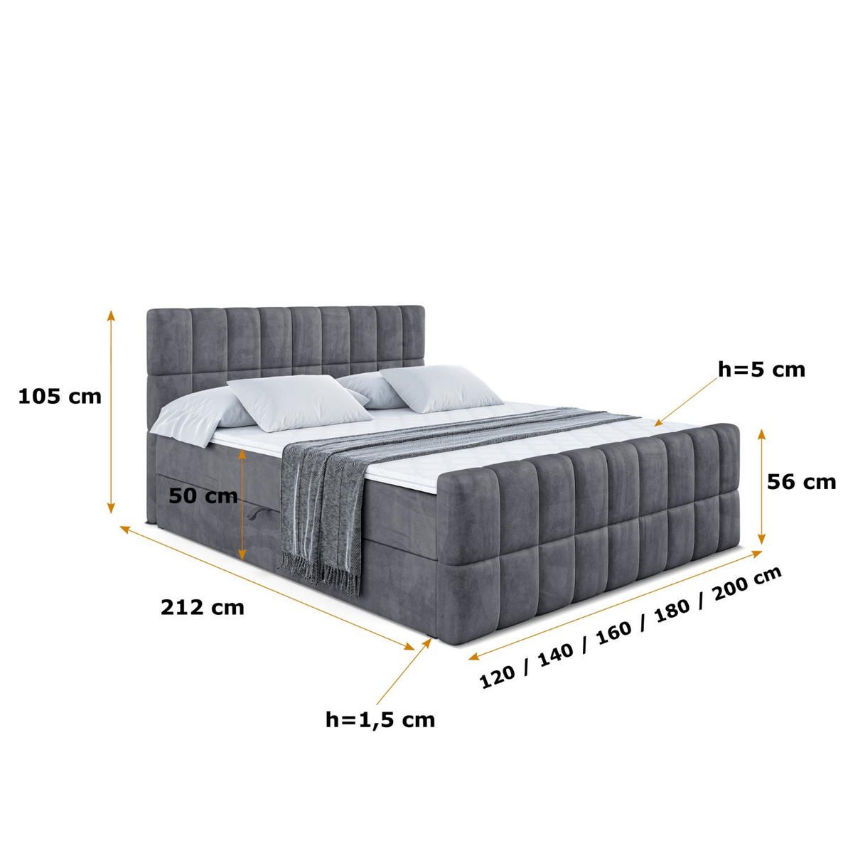 BOXBETT MIAMI-Z - 120x200 cm - H3 - Dunkelgrau - Dunkelgrau, Holzwerkstoff (120/200cm) - ALTDECOR
