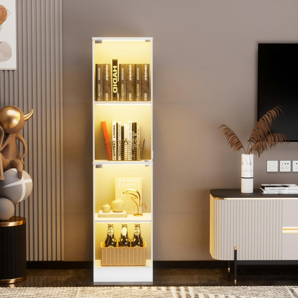 VITRINE 40/35/165 cm mit LED-Beleuchtung, Glastüren und Bewegungssensor, Weiß - Weiß, Holzwerkstoff (40/165/35cm) - Redom