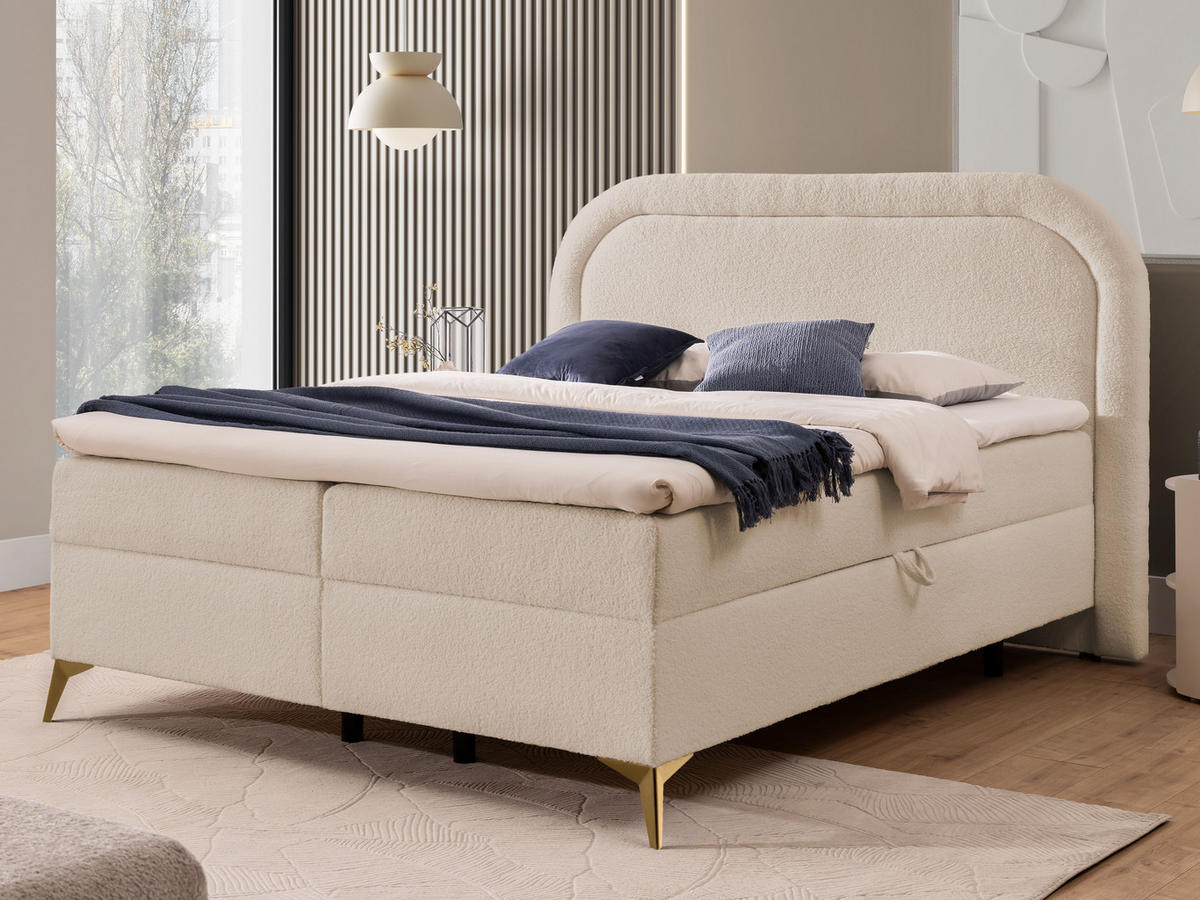 BOXBETT Sonna 180/200 cm Hellbeige Bouclé-Stoff mit abgerundetem Kopfteil und mit goldenen Metallfüßen - Beige/Goldfarben, Holz/Textil (180/200cm) - S-Style Möbel