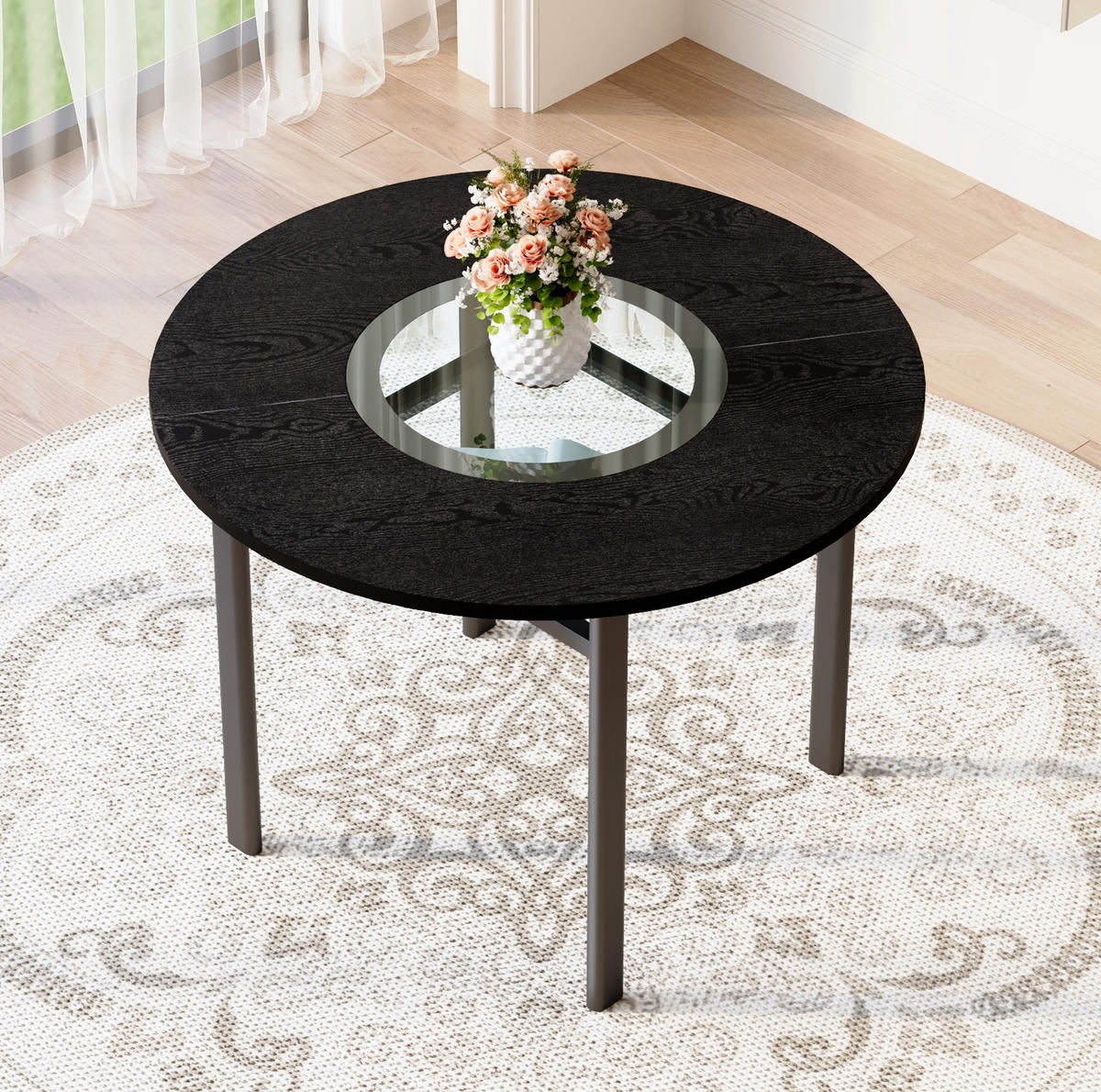 ESSTISCH 100 cm Schwarz aus Glas, MDF und Metall mit Glaseinlage - Schwarz, Holzwerkstoff (100/100/76cm) - OKMYHOME