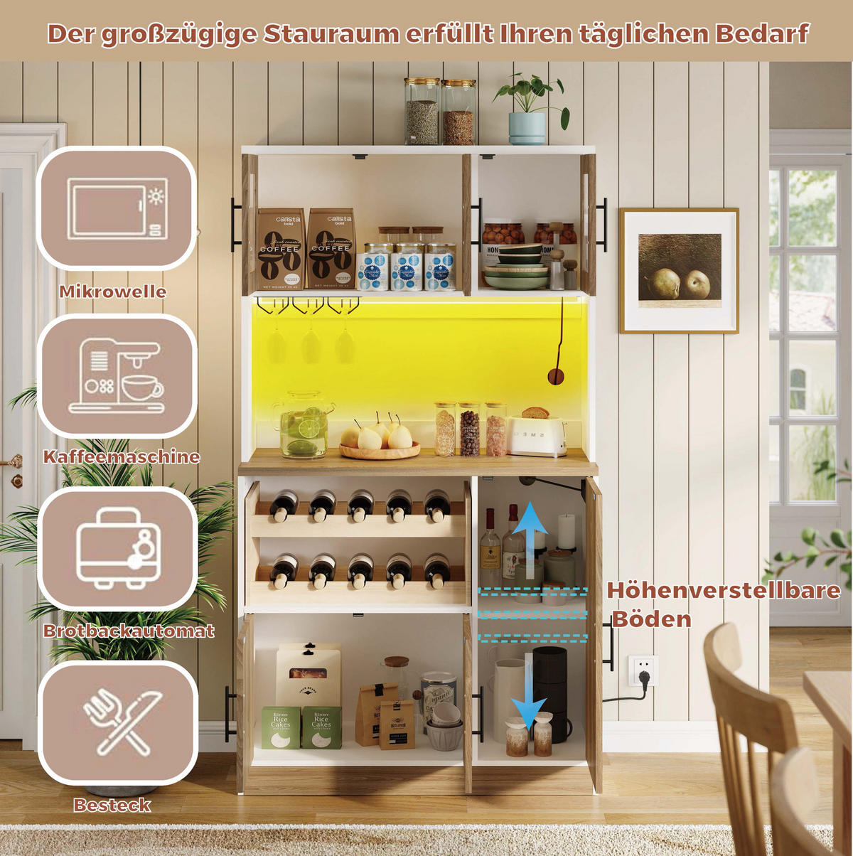 BUFFET 100/40/180 cm aus MDF mit LED-Beleuchtung und Steckdosenleiste Weiß/Sonoma-Eiche - Weiß, Holzwerkstoff (100/180/40cm) - Modenvie