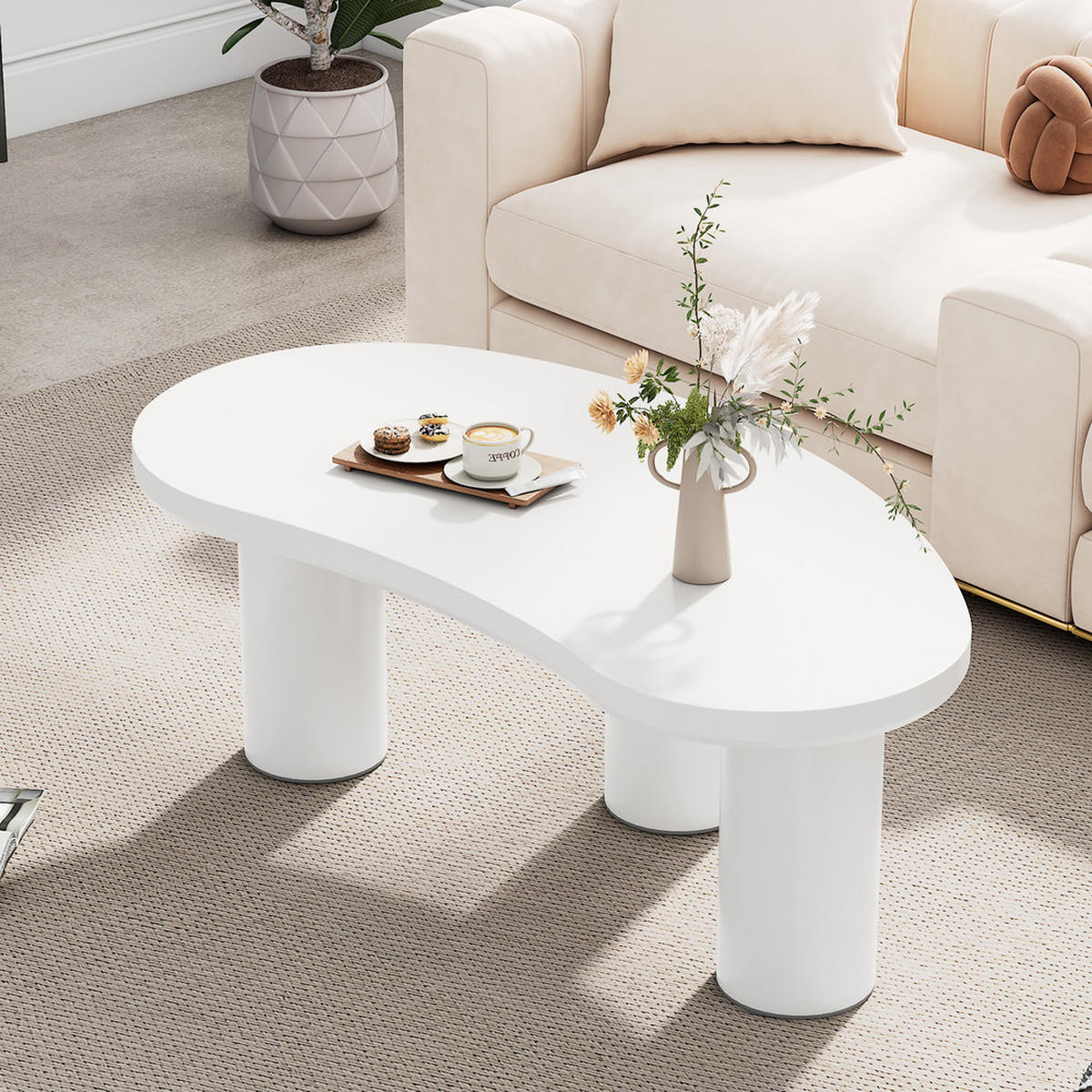 COUCHTISCH 107x57cm Halbmondform Unregelmäßig Modern MDF PVC Beine - Weiß, Holz (115.5/63.5/25cm) - FLIEKS