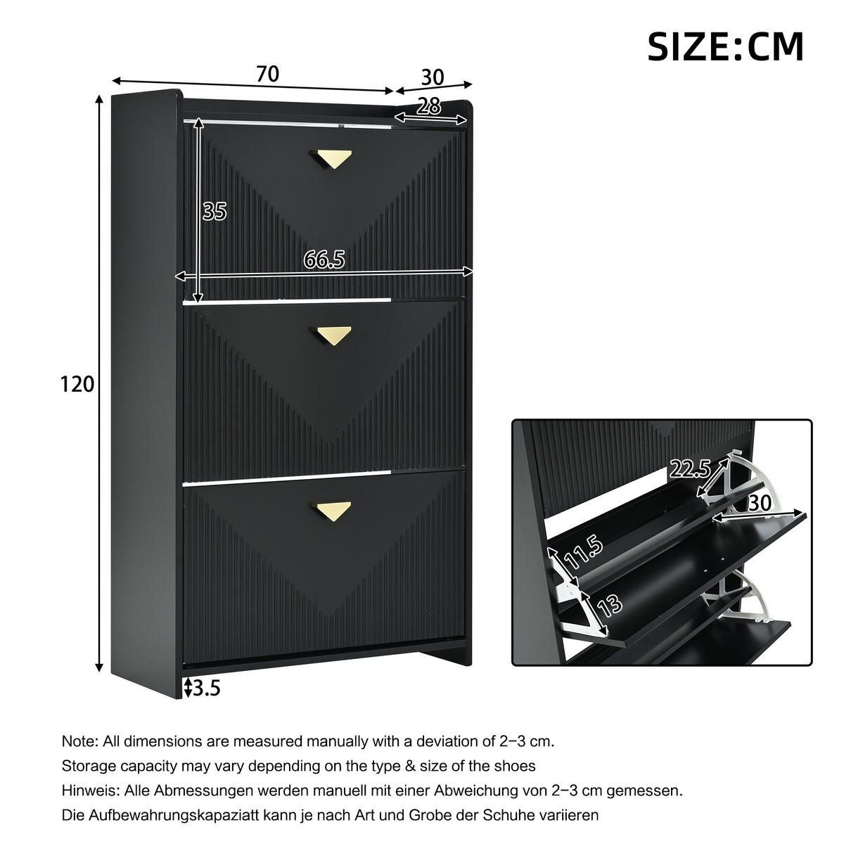 SCHUHSCHRANK aus MDF 70x30x120cm in Schwarz mit 3 Klapptüren - Schwarz, Holzwerkstoff (70/120/30cm) - Modfu