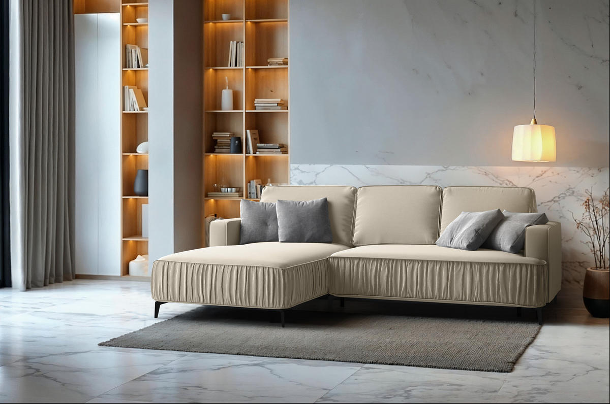 ECKSOFA Glanz rechts – Beige, mit Schlaffunktion und Bettkasten - Beige, Textil (268/177cm)