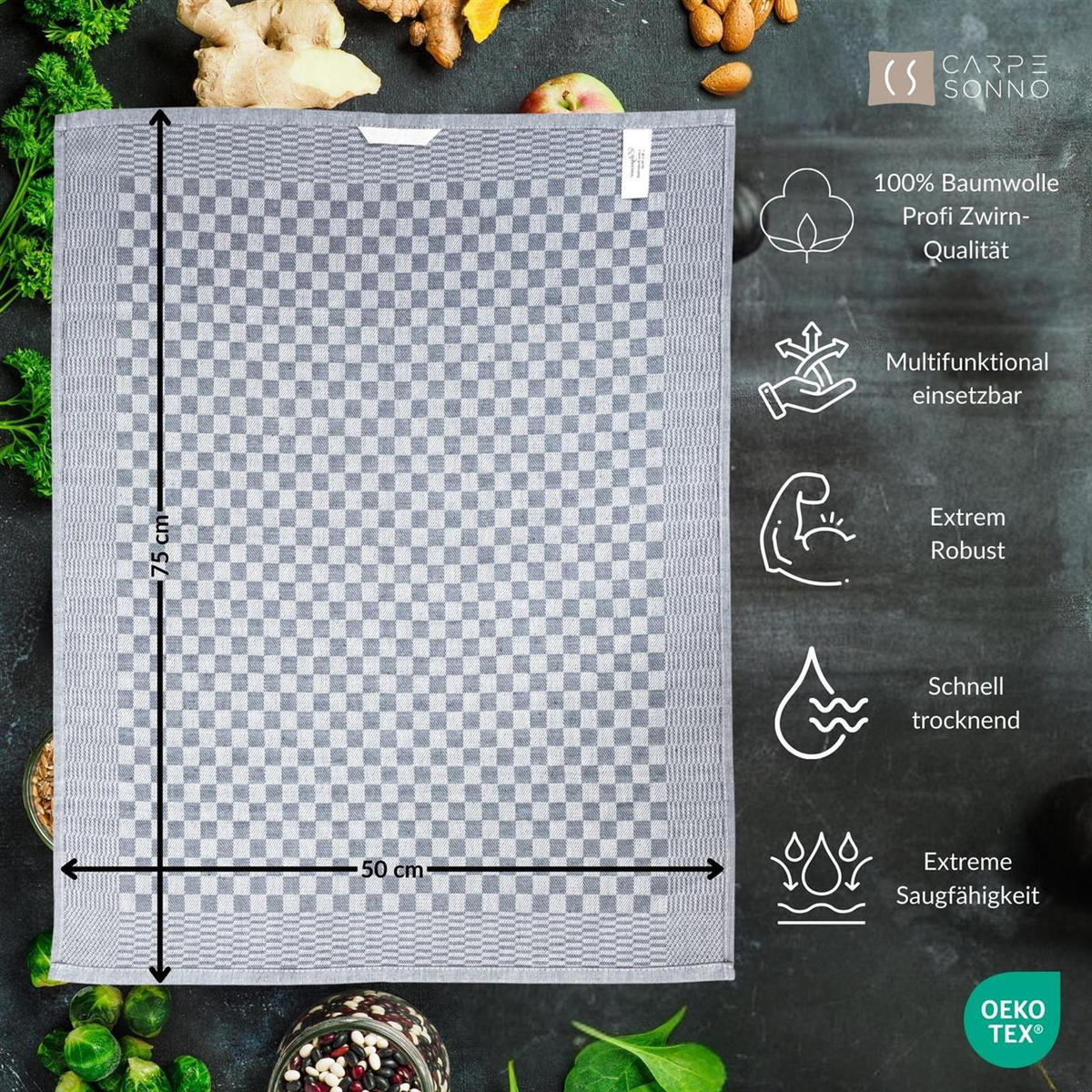 GESCHIRRTÜCHER 50x70 cm im 10er Set aus 100% Baumwolle, Zwirn-Qualität Grubentücher Grau - Grau, Textil (50/70cm) - Carpe Sonno
