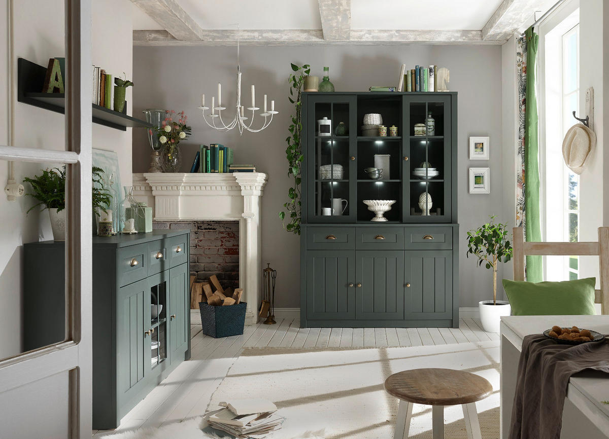 BUFFETSCHRANK grün 130 x 196 cm, Buffet im Landhaus-Stil mit viel Stauraum - Chromfarben/Schwarz, Glas/Holzwerkstoff (130/196/43cm) - Furn.Design