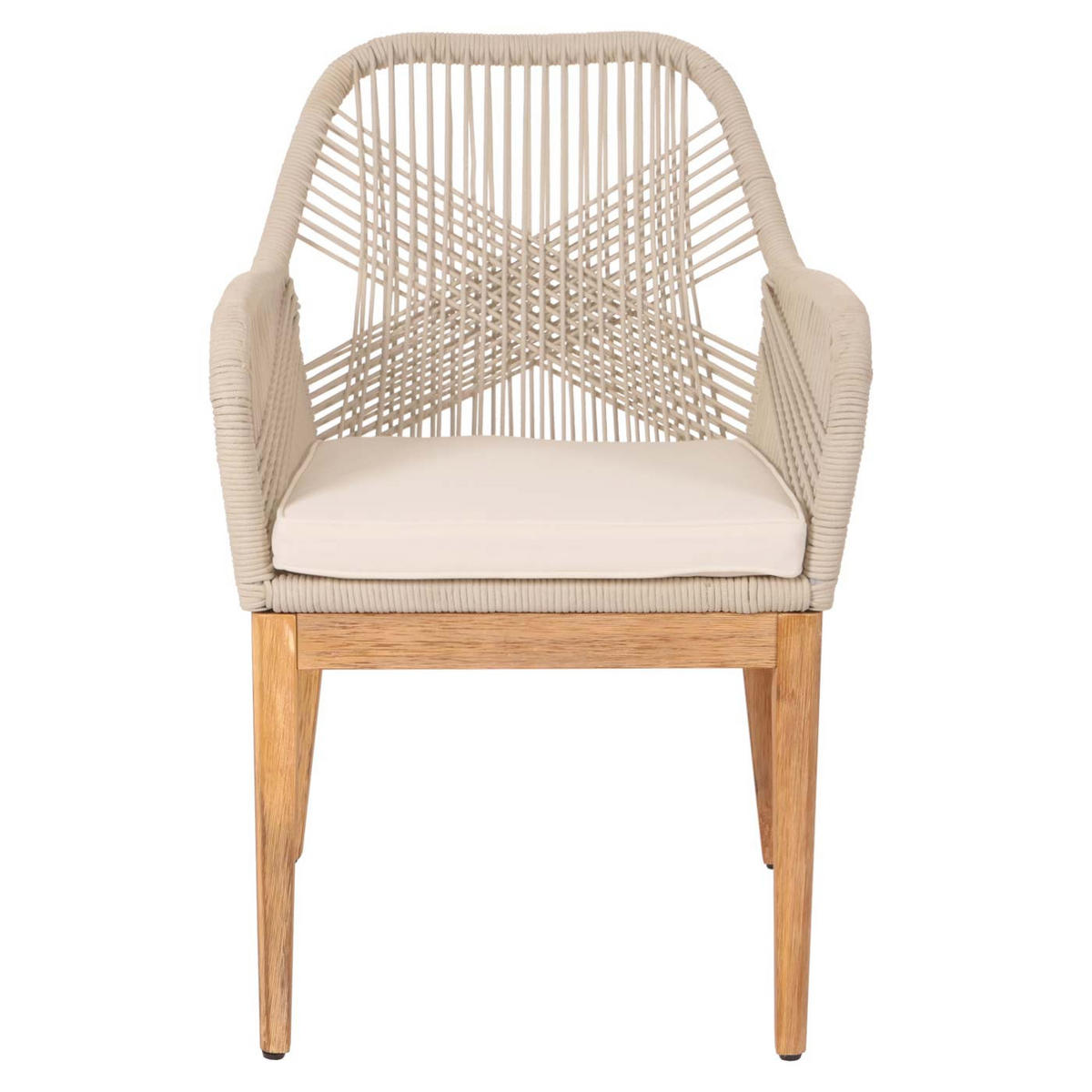 GARTENSTUHL HxBxT 85x58x59cm Sitzhöhe 47cm wetterfest Seilgeflecht Rope Holz Akazie Beige Kissen Creme-Weiß - Beige, Holz (58/85/59cm) - PROREGAL