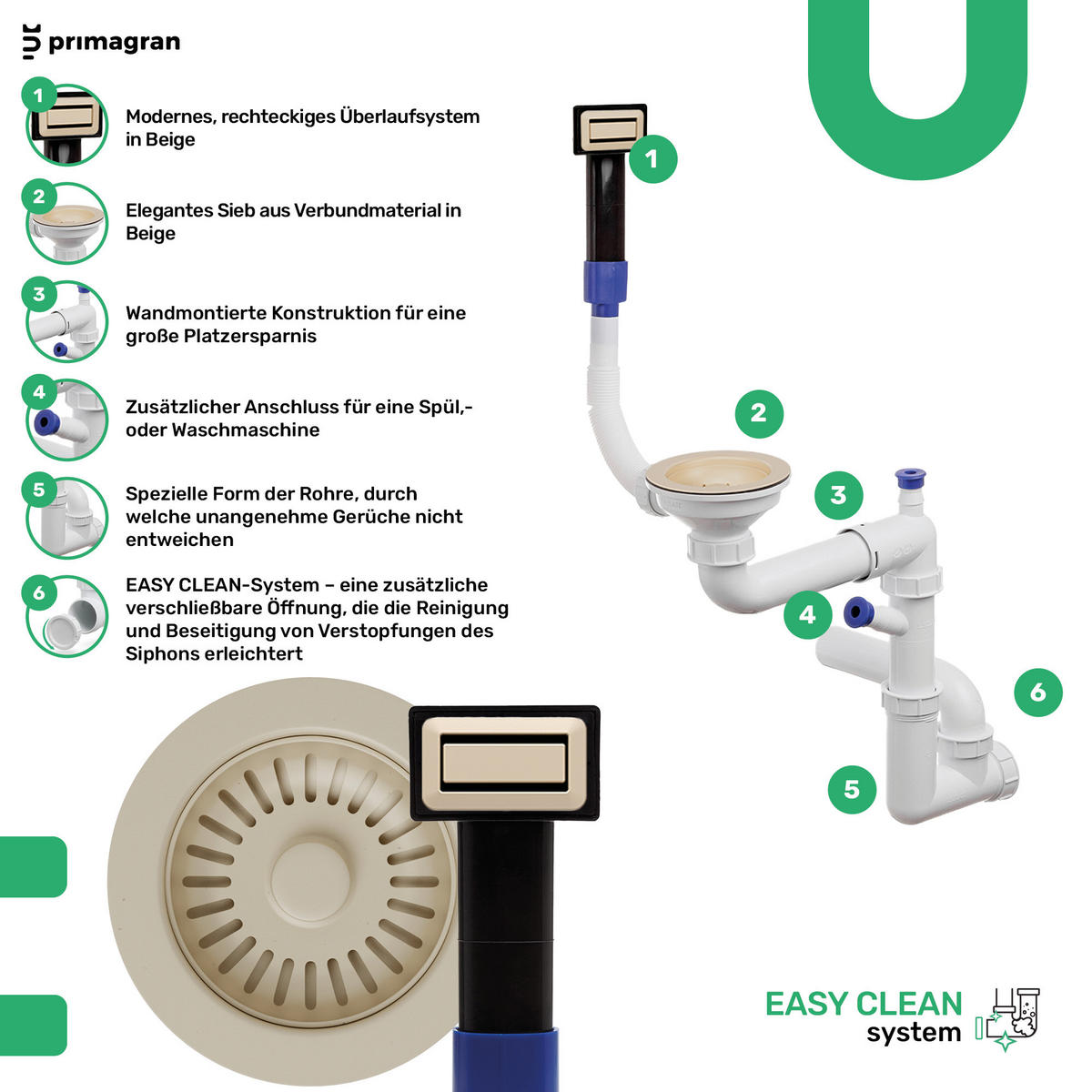 GRANITSPÜLE Kopenhagen Easy, 2-er set Beige 55/44 cm 1 Becken + Küchenarmatur 32/20 cm + Ablauf-Set ab 45er Unterschrank - Beige, Kunststoff (55/17/44cm) - Primagran