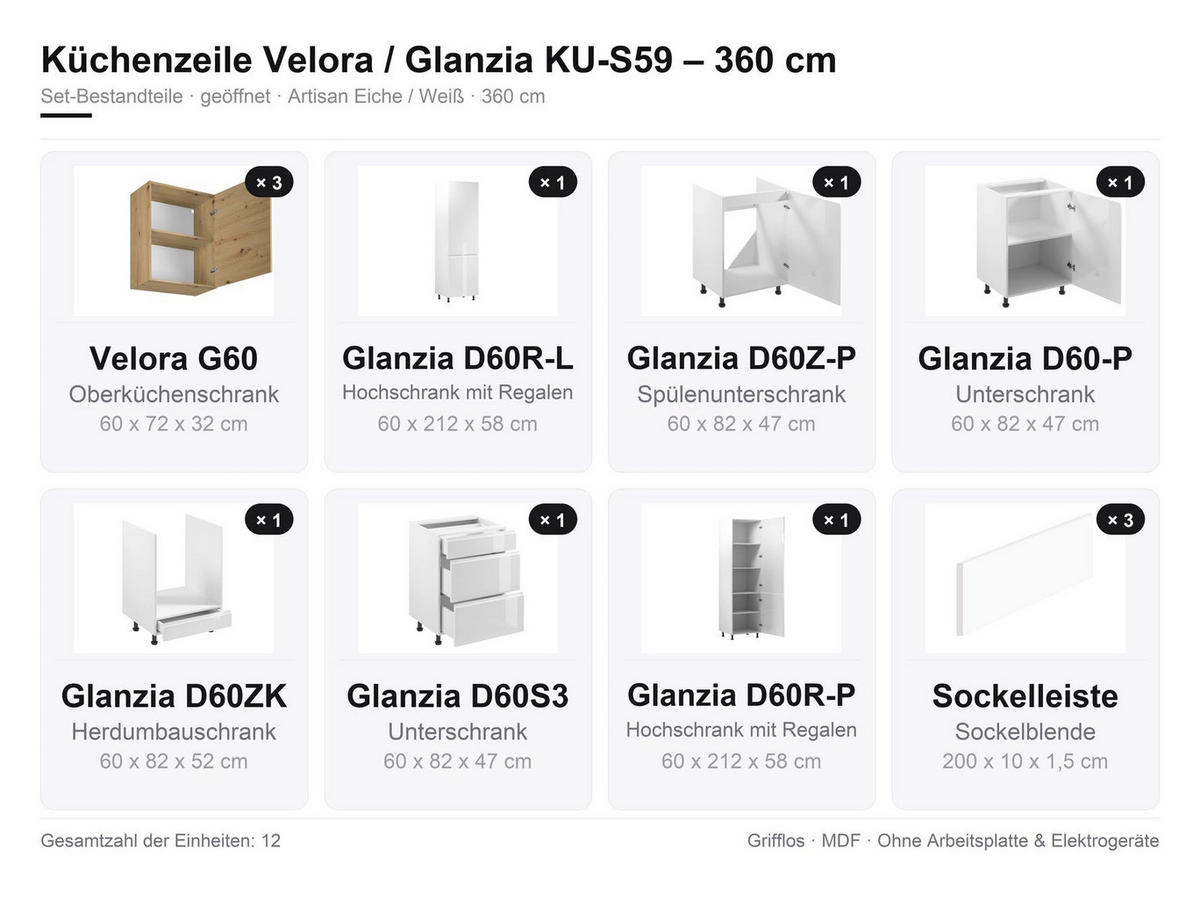 KÜCHENZEILE – 360 cm – KU-S59 – Velora / Glanzia – Artisan Eiche / Weiß – ohne E-Geräte - Weiß Hochglanz, Holzwerkstoff (360/212/58cm) - hi-markt