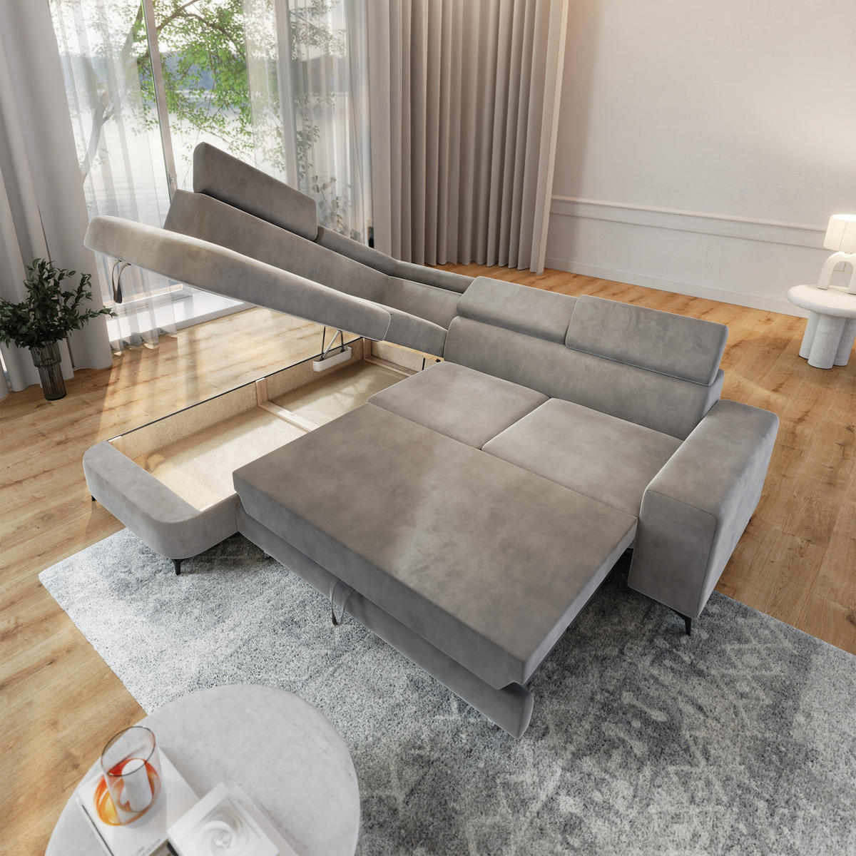 ECKSOFA ALVORO L-S Hellgrau Velours-Stoff mit Schlaffunktion - Hellgrau, Holz (253/190cm) - MASSENO