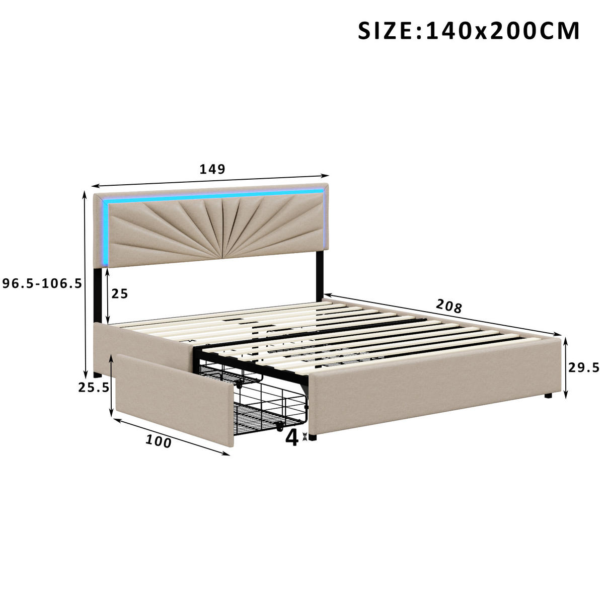 POLSTERBETT 140x200 cm, Beige, mit Höhenverstellbarem Kopfteil, LED & 4 Schubladen - Beige, Textil/Metall (140/200cm)