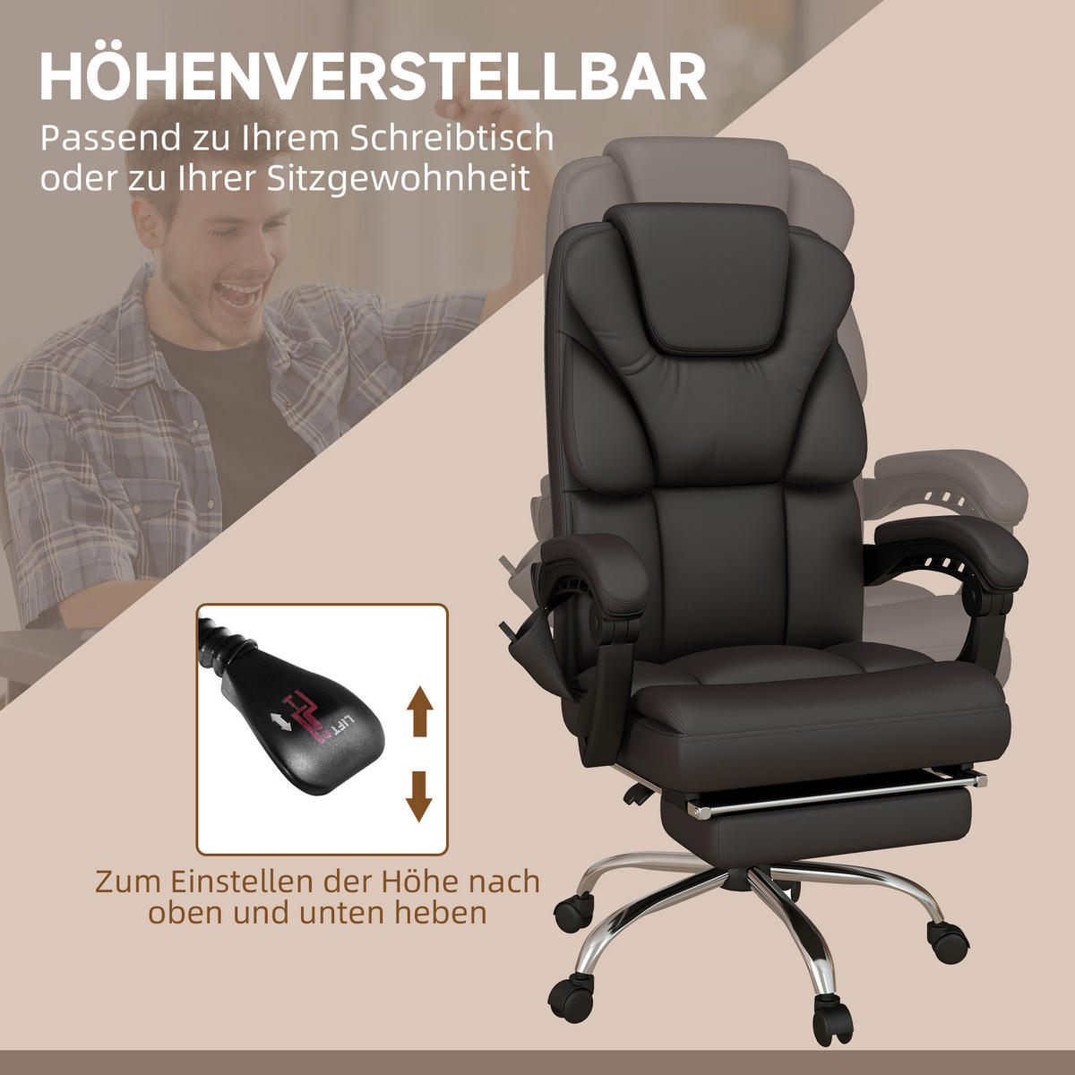 BÜROSTUHL mit Massagefunktion, Schwarz - Braun, Leder (57/126/63cm) - Vinsetto