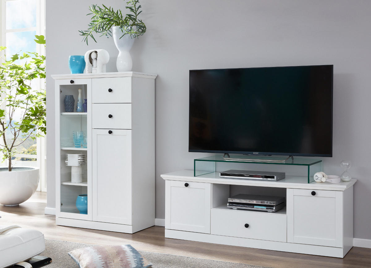 WOHNWAND 2-teilig in weiß 235 cm, Wohnkombination im Landhaus-Stil - Silberfarben/Weiß, Glas/Holzwerkstoff (41/129/235cm) - Top.Furn