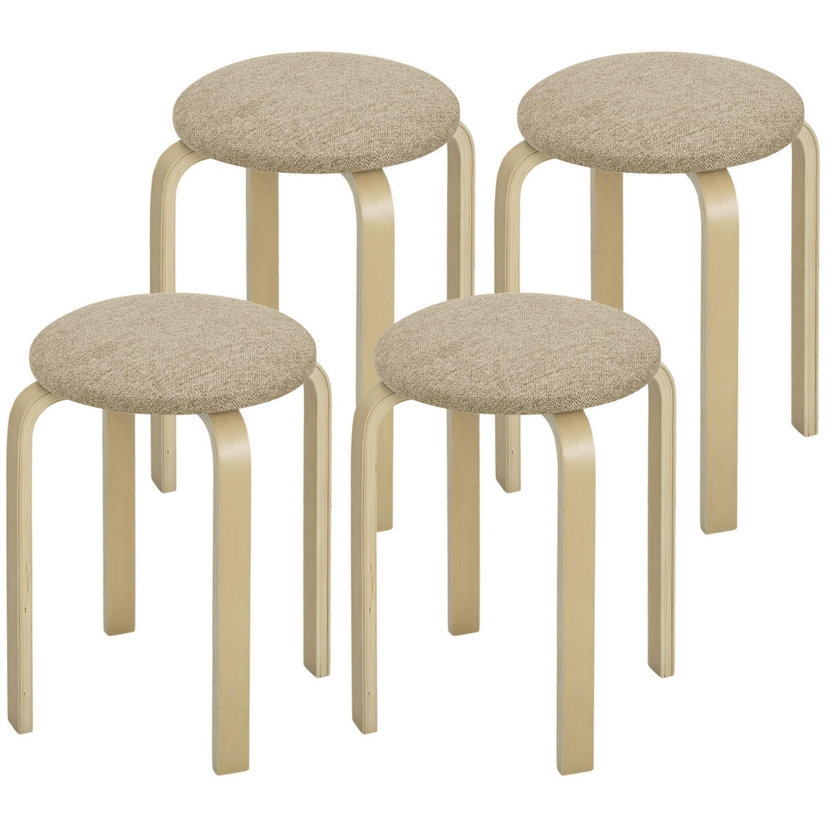 HOCKER 4er-Set DE-13362 stapelbar & gepolstert Kaki - Mokka, Holz (40/45/40cm) - ComfortXL