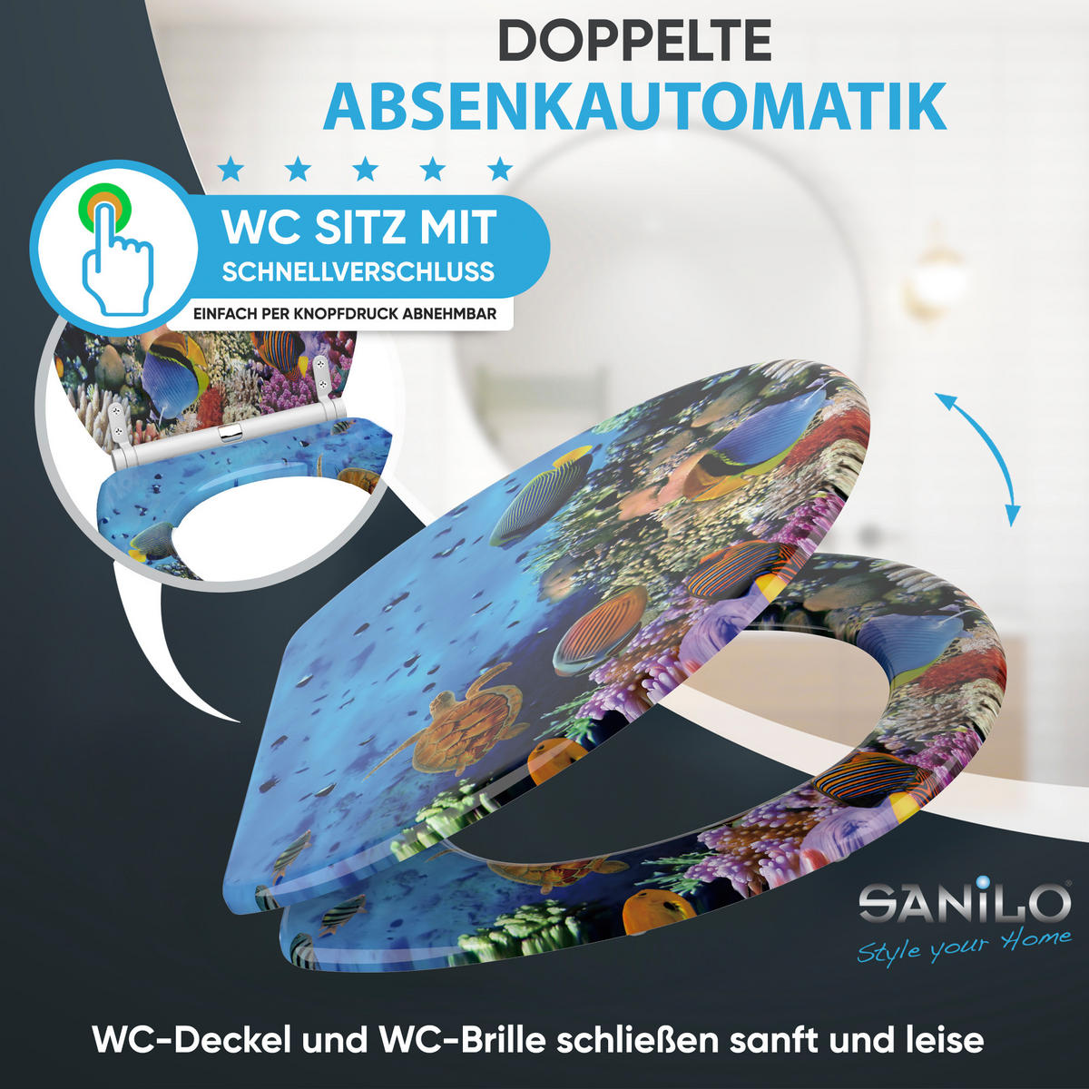 WC-SITZ mit Absenkautomatik & Top Fix Ocean - Blau, Holzwerkstoff (37.7/5.5/48cm) - Sanilo