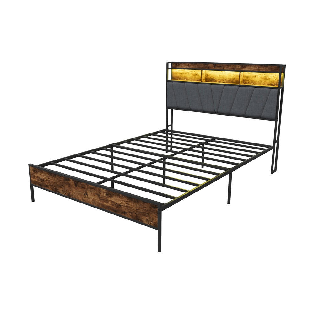 METALLBETT 140x200 cm mit LED Beleuchtung - Kopfteil-Stauraum - USB- und USB-C - Schwarz+Grau - ohne Matratze - Schwarz, Metall (140/200cm) - DELFA
