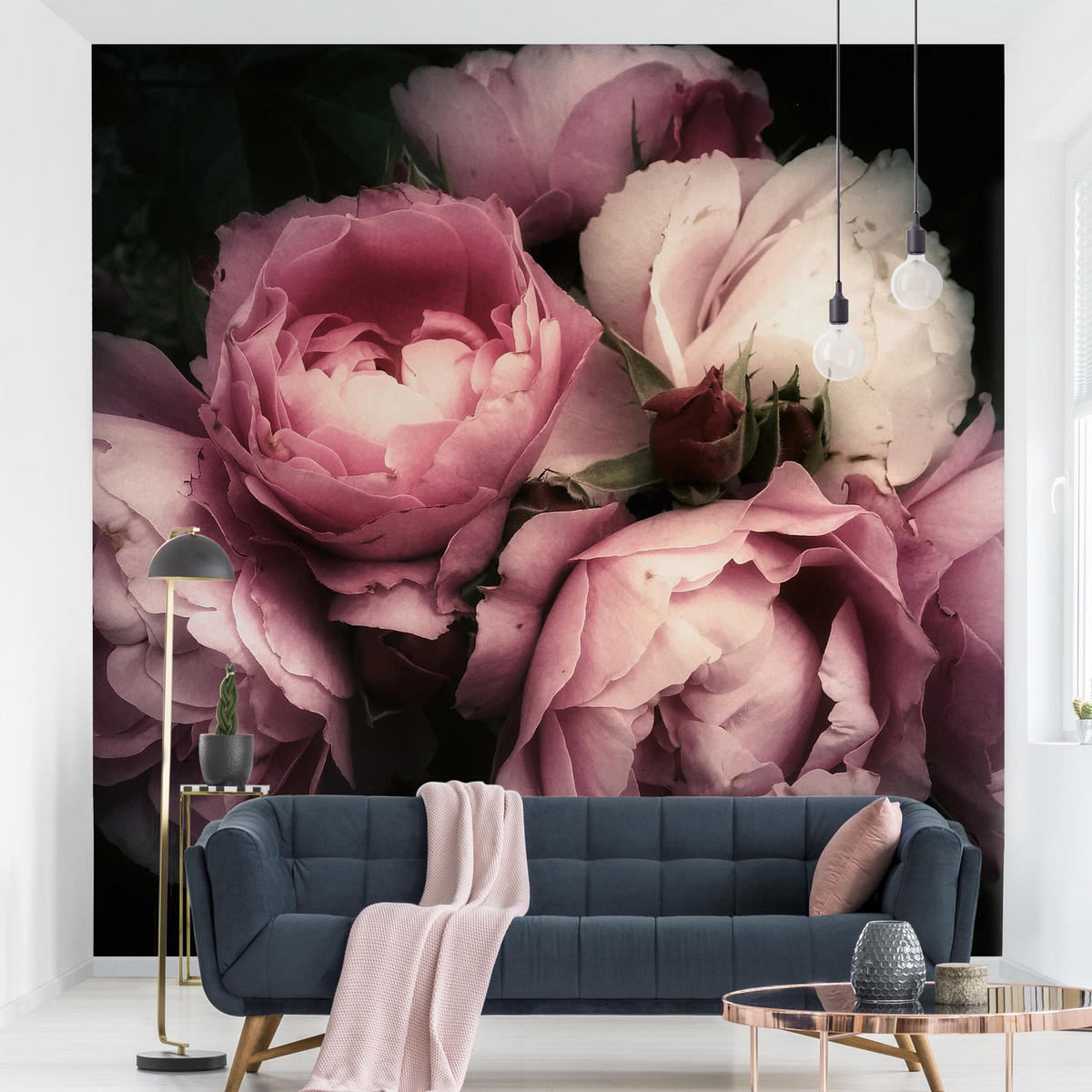 FOTOTAPETE Pfingstrosen vor Schwarz Shabby 288/288 cm - Rosa, Papier (288/288cm) - Bilderwelten