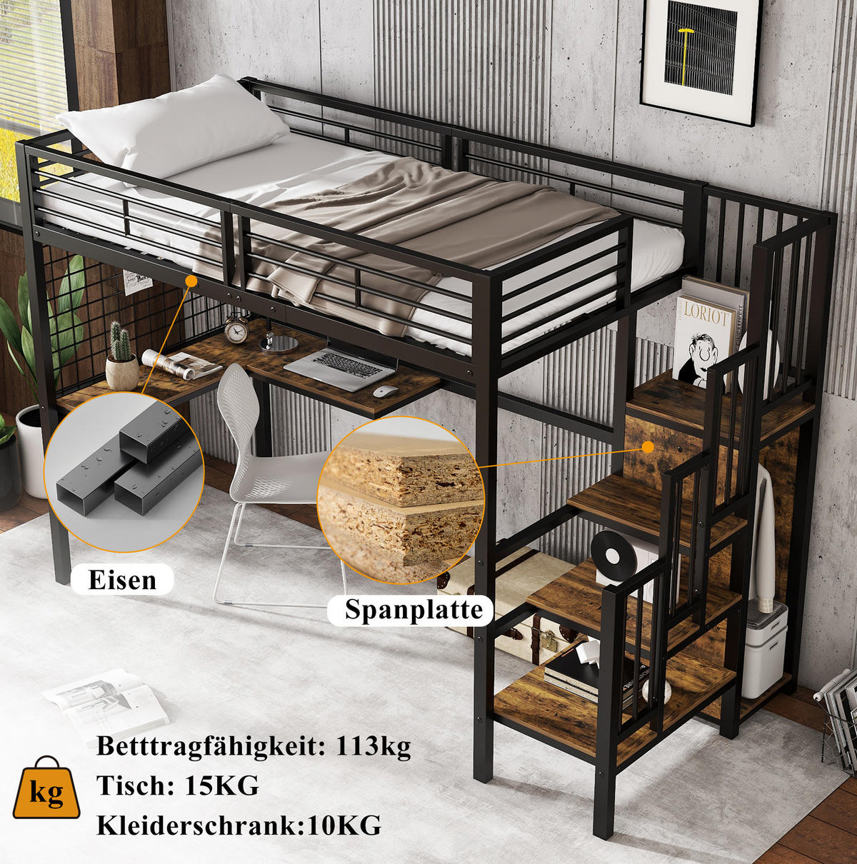 HOCHBETT 90/200 cm mit Tisch, Kleiderschrank und Seitentreppe aus Metall/Holzwerkstoff, Schwarz/Dunkle Holzfarbe - Schwarz, Holzwerkstoff (90/200cm) - Redom