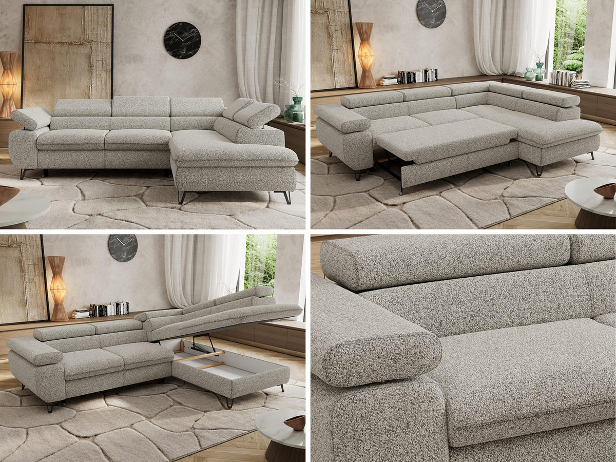 ECKSOFA PABLO L Hellgrau Struktur - Rechts Seite mit T25 Topper - Hellgrau/Schwarz, Textil/Metall (273/208cm) - MKS