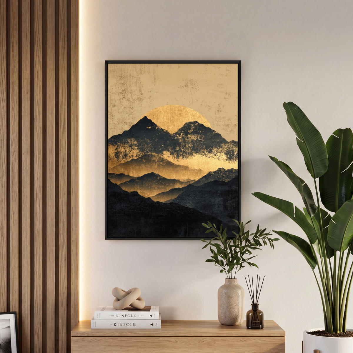 LEINWAND Bilder mit Rahmen - Goldene Berge bei Mondschein - 50x70 - Goldfarben, Textil (50/70cm) - MuchoWow