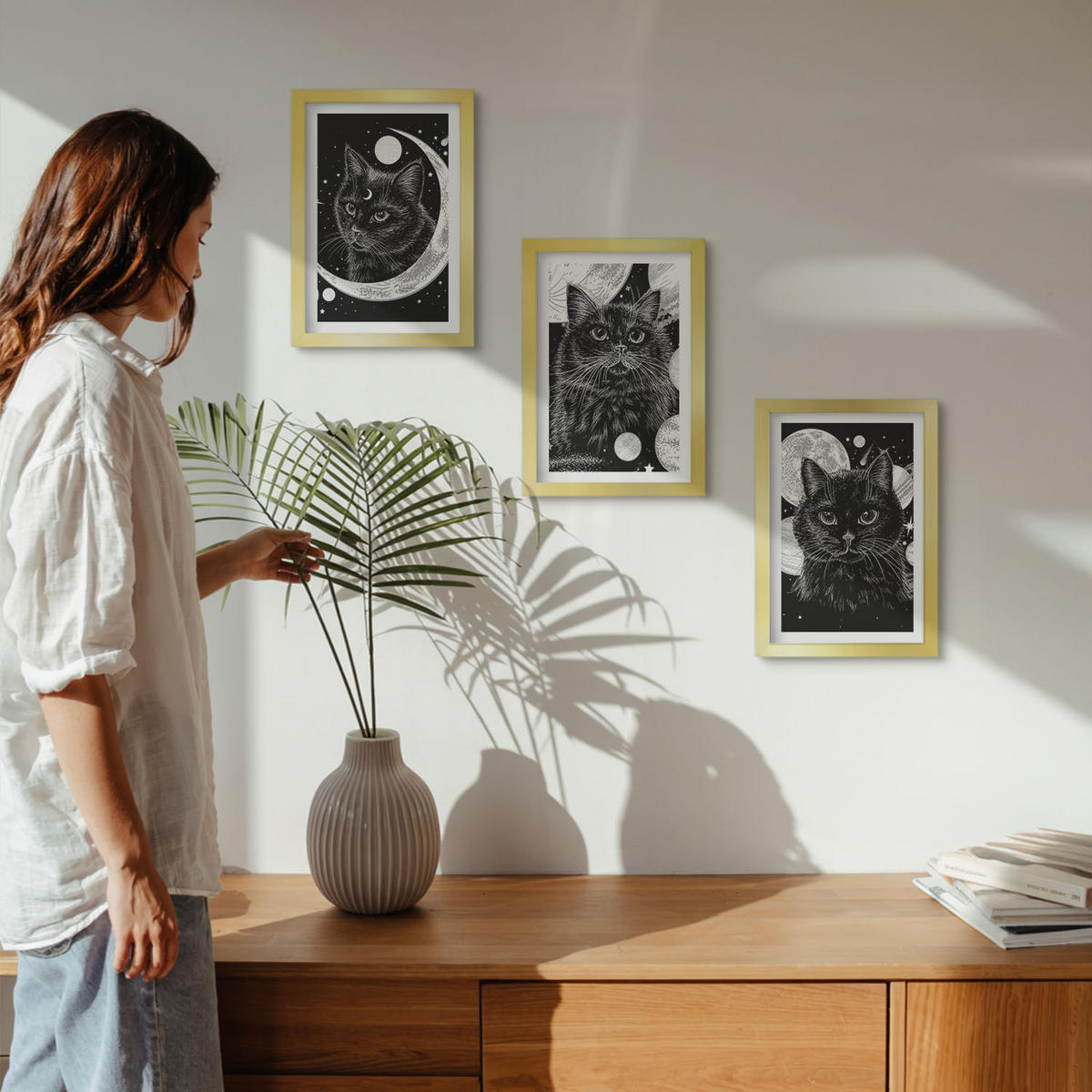 BILDER SET 3er Set - 20x30 cm Goldrahmen - Schwarze Katzen, Mond, Weltraum - Goldfarben, Kunststoff (20/30cm) - TULUP