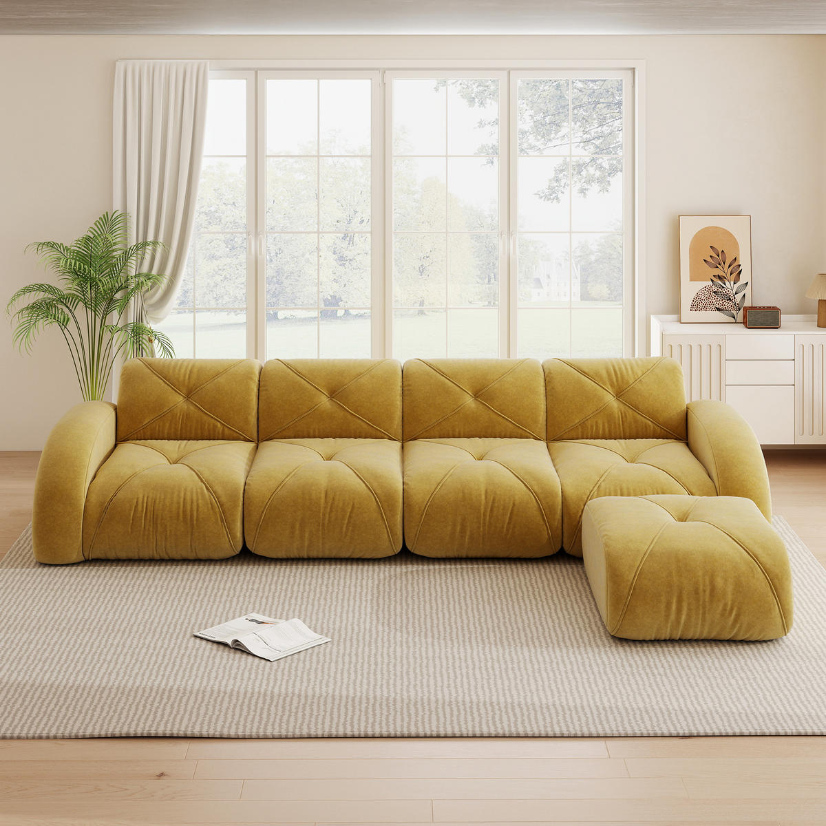 4-SITZER Sofa 358x171x76 cm Chenille Stoff rahmenlos modular mit Hockern, gelb - Gelb, Textil (171/76/358cm)