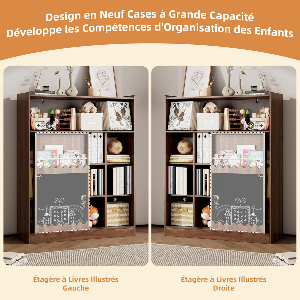 BÜCHERREGAL 120x38.5x151.5cm Nussbaum mit Tafel Schiebetüren 9 Fächer - Walnussfarben, Holz (38.5/151.5/120cm) - FLIEKS