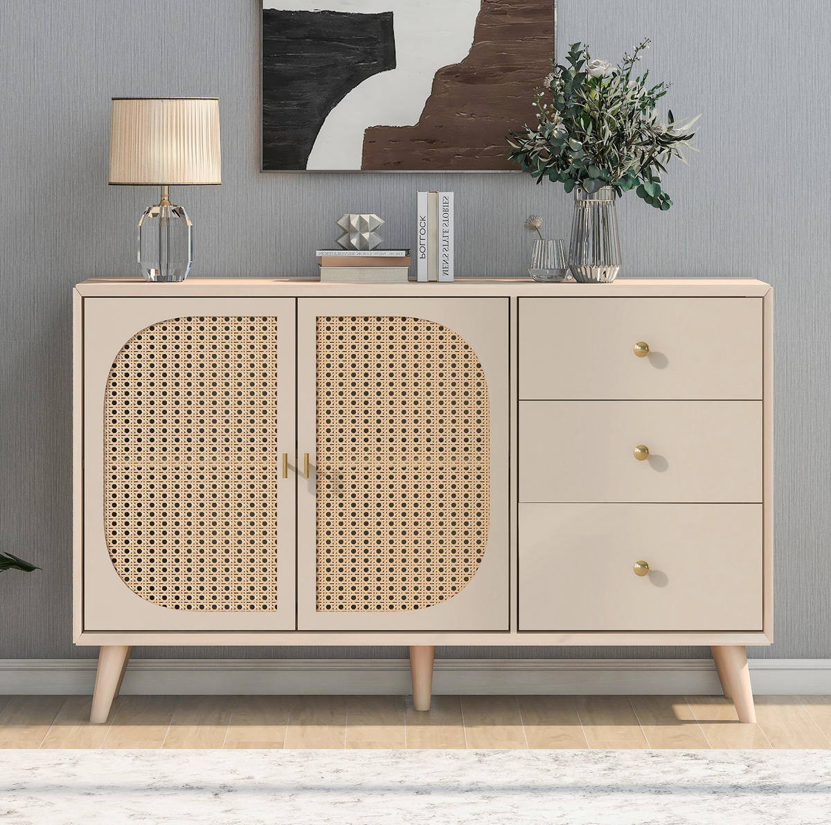 SIDEBOARD aus Spanplatte 120x40x82,5 cm Offwhite mit 2 Türen, 3 Schubladen und Push-to-open in Rattanoptik - Weiß, Holzwerkstoff (120/82.5/40cm) - Modfu