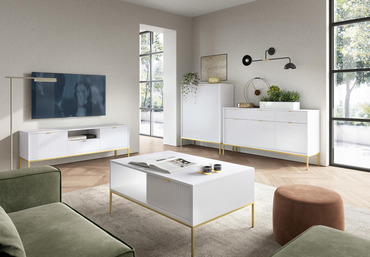 SIDEBOARD Eternas 3T 3S Weiß 154/83/39 cm – goldene Füße, mit geriffelten Fronten - Goldfarben/Weiß, Holzwerkstoff (154/83/39cm) - AX Living