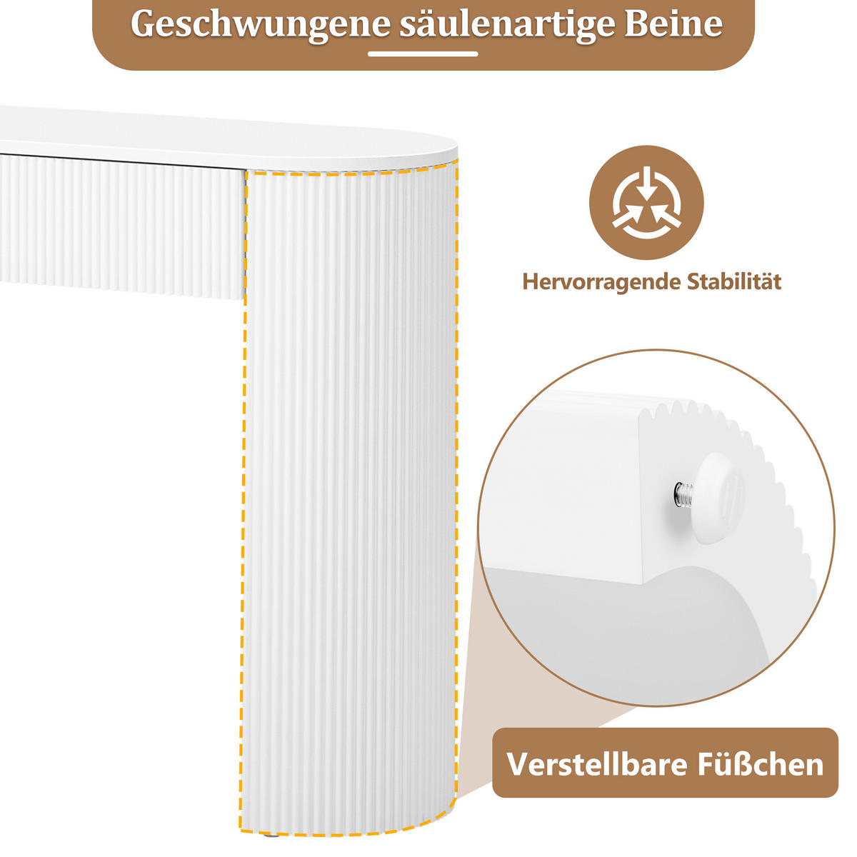 KONSOLENTISCH mdf in weiß mit rillen-design, geschwungene form & 2 unsichtbare schubladen - Weiß, Holzwerkstoff (33/120/76cm) - Urban Meuble
