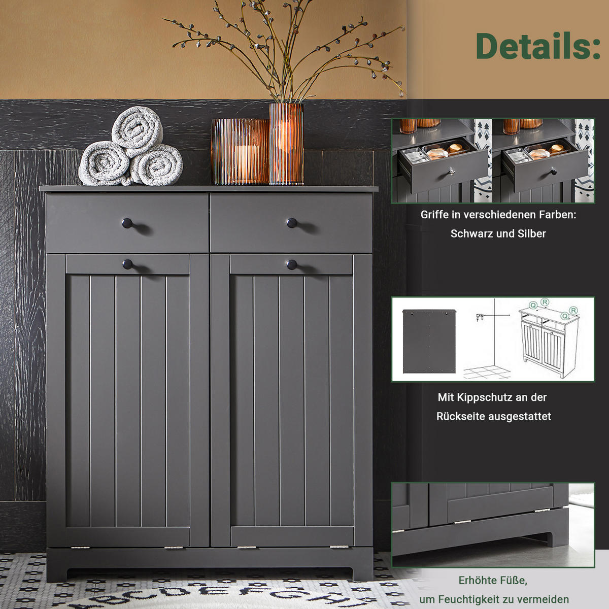 WÄSCHESCHRANK Grau - Grau, Holzwerkstoff (78/90/38cm) - SoBuy
