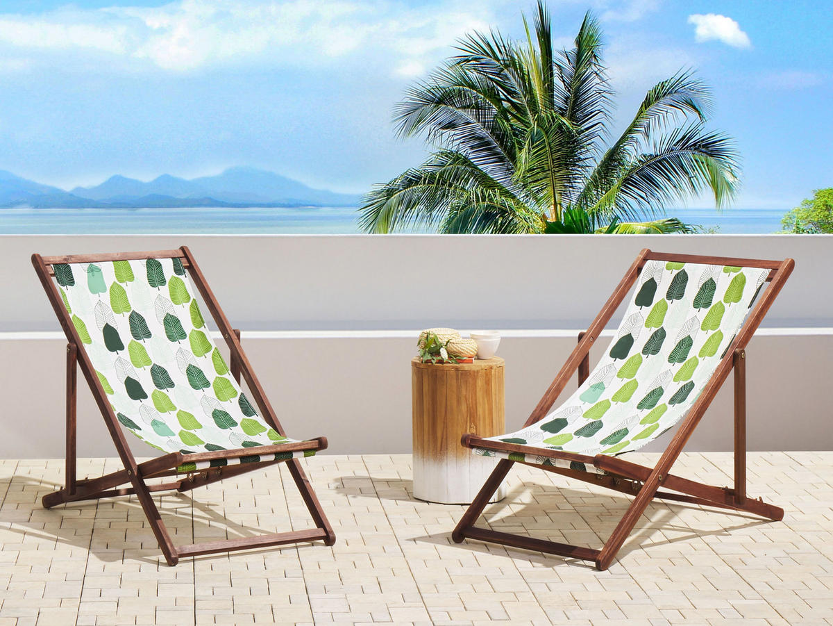 GARTENLIEGE 2er-Set dunkelbraun Textil grün/weiß Blättermotiv Anzio - Dunkelbraun/Weiß, Textil (54/70/97cm) - Beliani