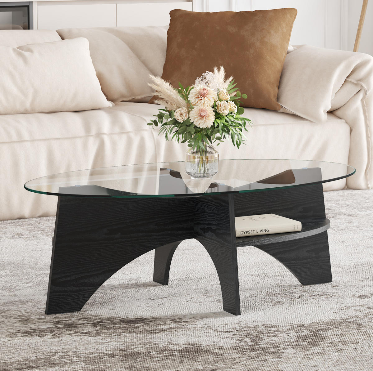 BEISTELLTISCH 104,9/35,6/60 cm Schwarz Transparent aus MDF und Glas mit fächerförmigem Gestell - Schwarz, Holzwerkstoff (104.9/60/35.6cm) - OKMYHOME