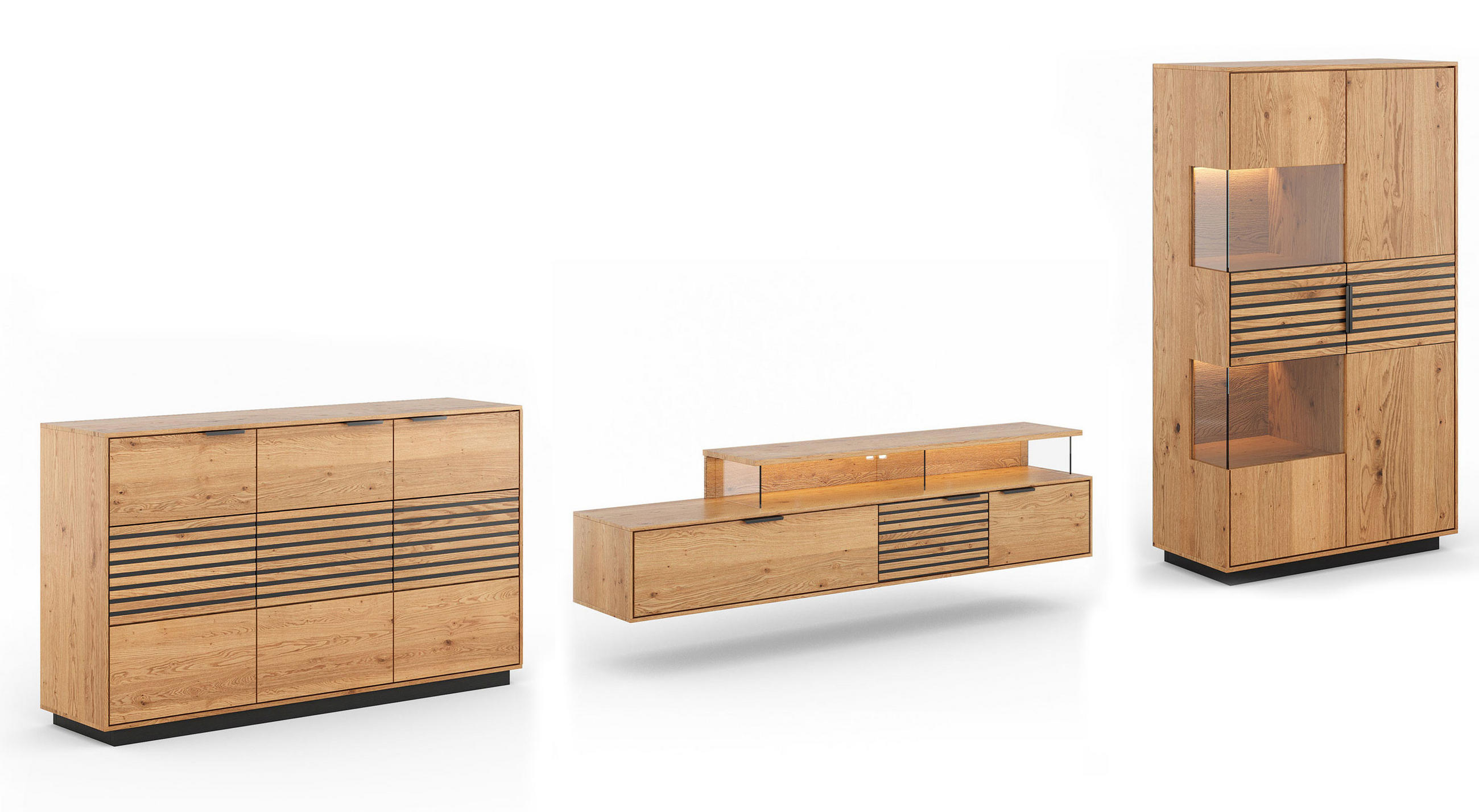 WOHNWAND Tirano 3er-Set Eiche Natur / Lamellen schwarz - Eichefarben/Multicolor, Holz/Metall (437/147/39cm) - Feldmann-Wohnen