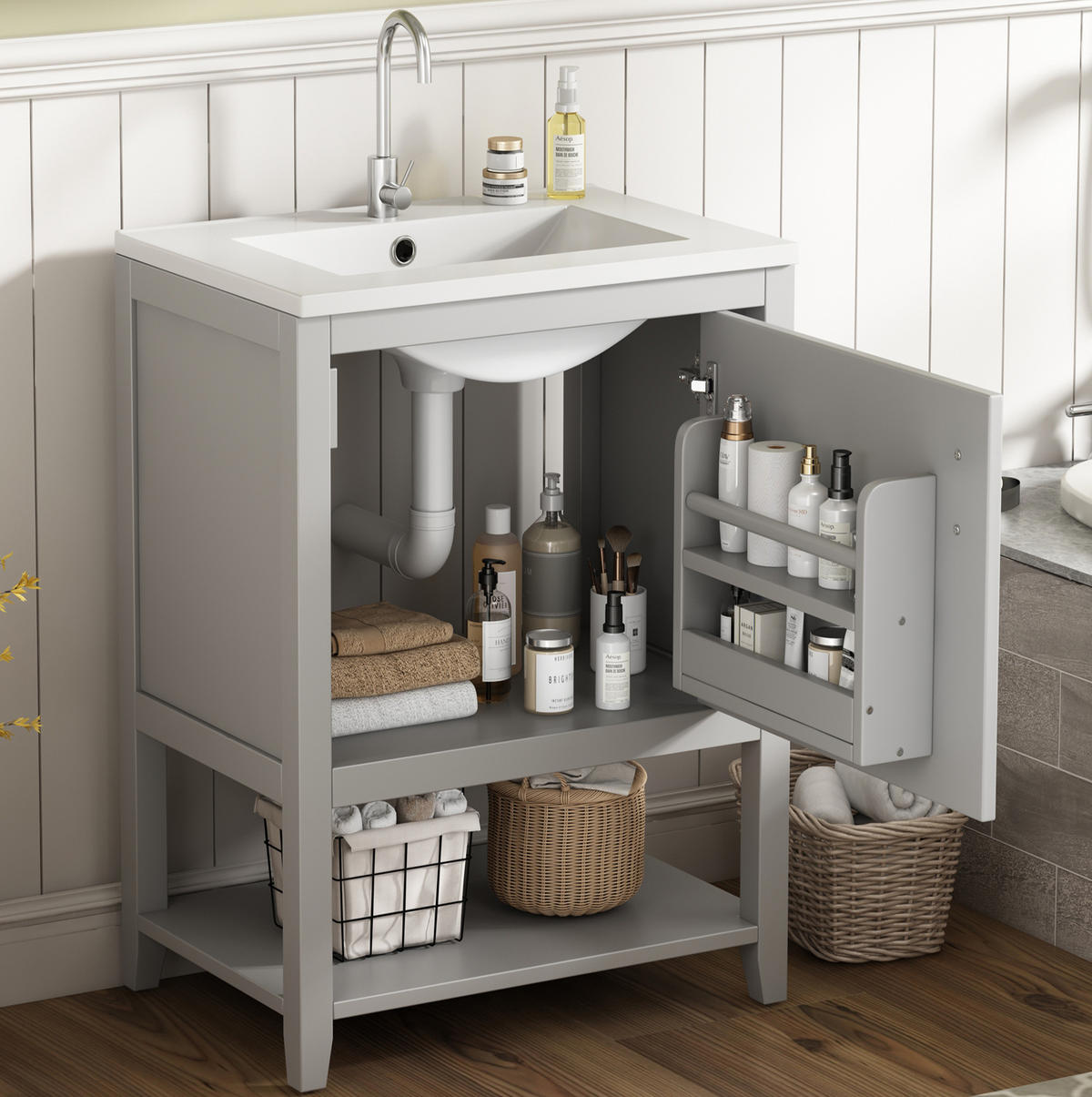 WASCHTISCHUNTERSCHRANK bodenstehend mit Keramikwaschbecken MDF Grau - Grau, Holzwerkstoff (47/87/61cm) - Beauniv