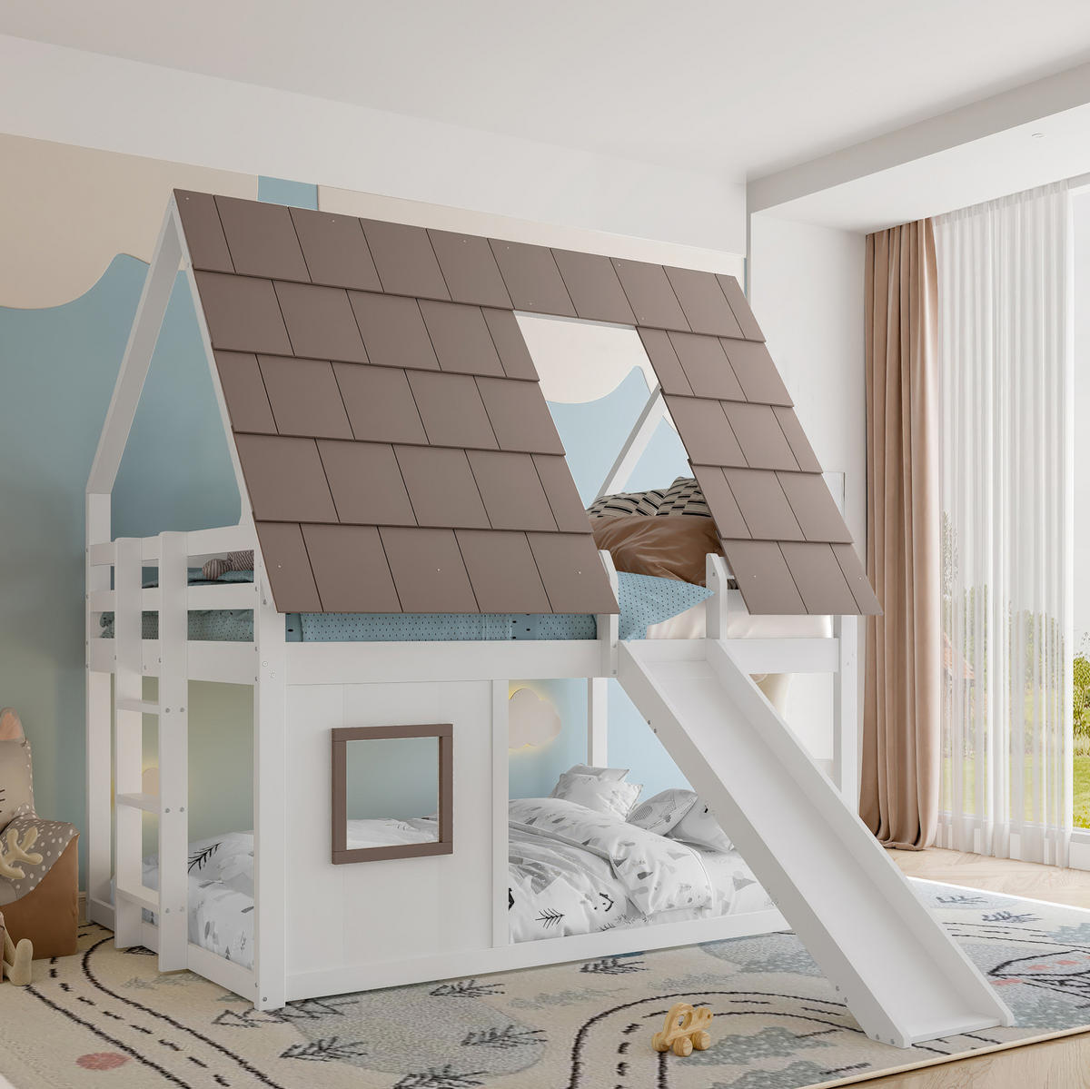 HAUSBETT 140/200 cm mit Dach und Rutsche in Weiß/Braun - Braun, Holzwerkstoff (140/200cm) - BEAOK