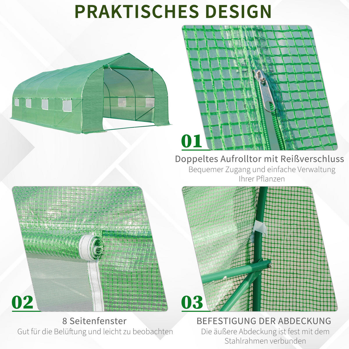 GEWÄCHSHAUS DE-05742 6x3x2 m, 8 Netzfenster, Rolltür Grün - Grün, Kunststoff/Metall (300/200/595cm) - ComfortXL