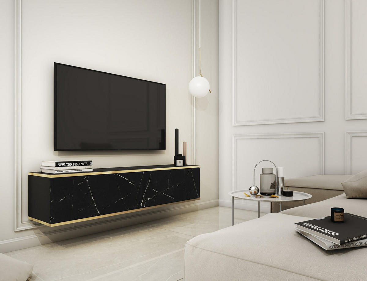 TV-LOWBOARD FORNO (Marmor Black Royal, Goldene Details, 2 Türen, 135 cm) - Schwarz/Weiß, Holz/Holzwerkstoff (135/30/32cm) - Ravio