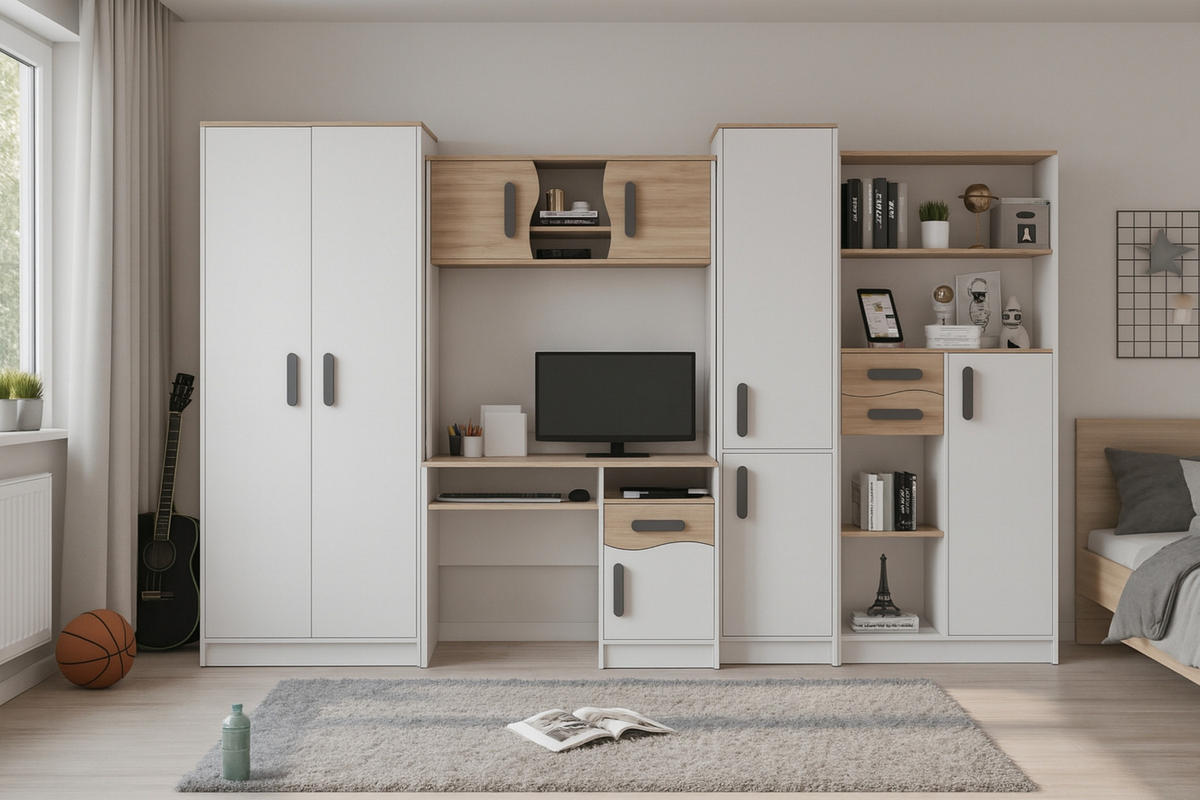 REGAL MIKI 01 Korpus Weiß | Griffe Grau - Dunkelgrau/Weiß, Holz/Holzwerkstoff (40/197/38cm) - Deine Möbel 24