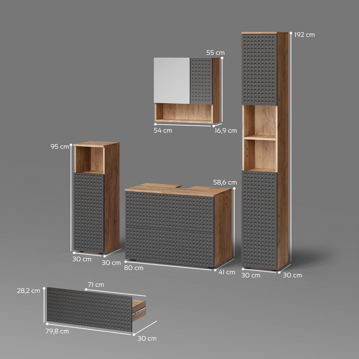 BADMÖBEL-SET Ronco Anthrazit gestreift 4 Teile, mit Schubladenschrank und Hochschrank - Eichefarben/Anthrazit, Holzwerkstoff (80/58/41cm) - Livinity®