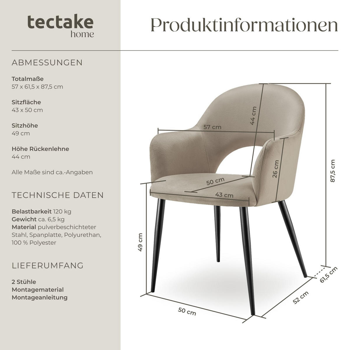ARMLEHNSTUHL 2er Set Sachel 57 x 61 5 x 87 5 cm taupe - Taupe, Kunststoff (57/87.5/61.5cm) - tectake
