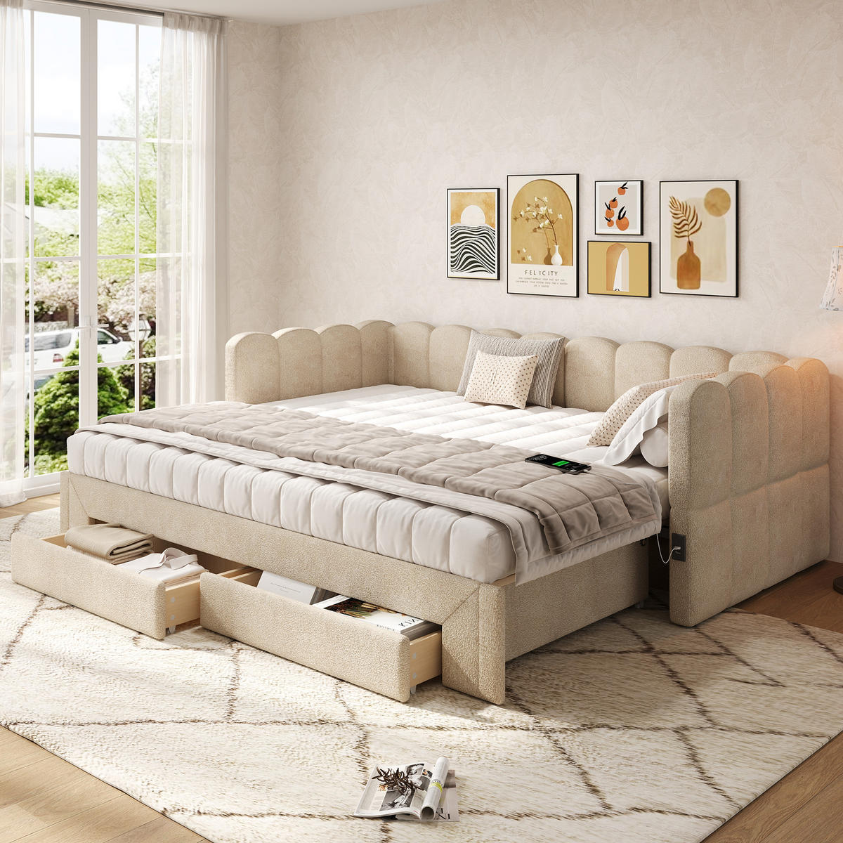 POLSTERBETT 90/200 cm beige aus Chenille mit Ausziehfunktion und USB-Anschluss - Beige, Textil (90/200cm) - OKWISH