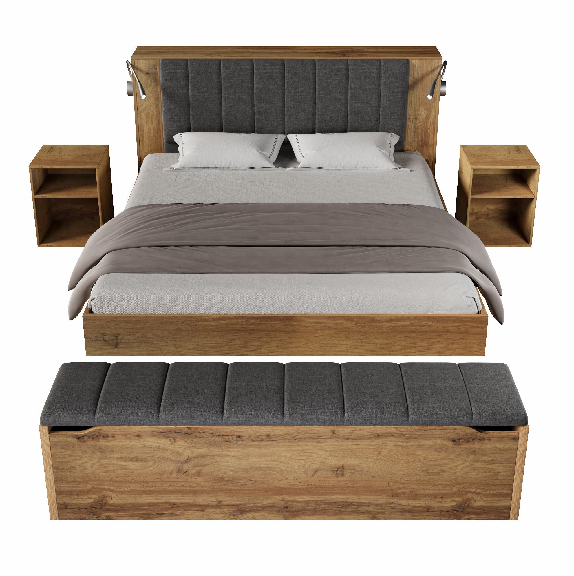 BETT 160/200 cm mit klappbarem Kopfteil, USB-Lampen und Stauraum - Eichefarben, Holzwerkstoff (160/200cm) - BEAOK