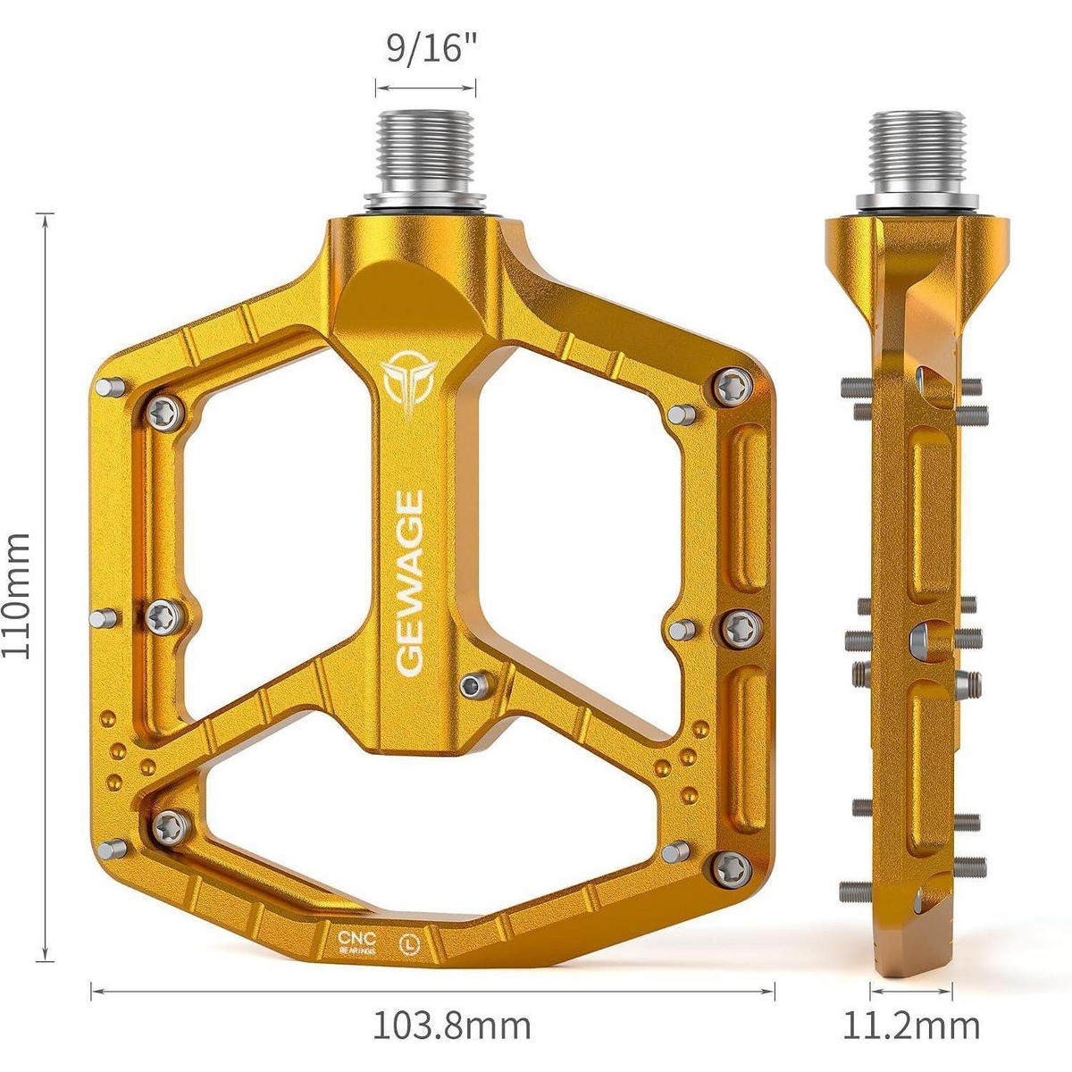 FAHRRADPEDALE CNC Aluminium 3-fach-Lagersystem 9/16″ Chromoly ultraflach kompakt Gold - Goldfarben, Metall (10.4/1.5/11cm)
