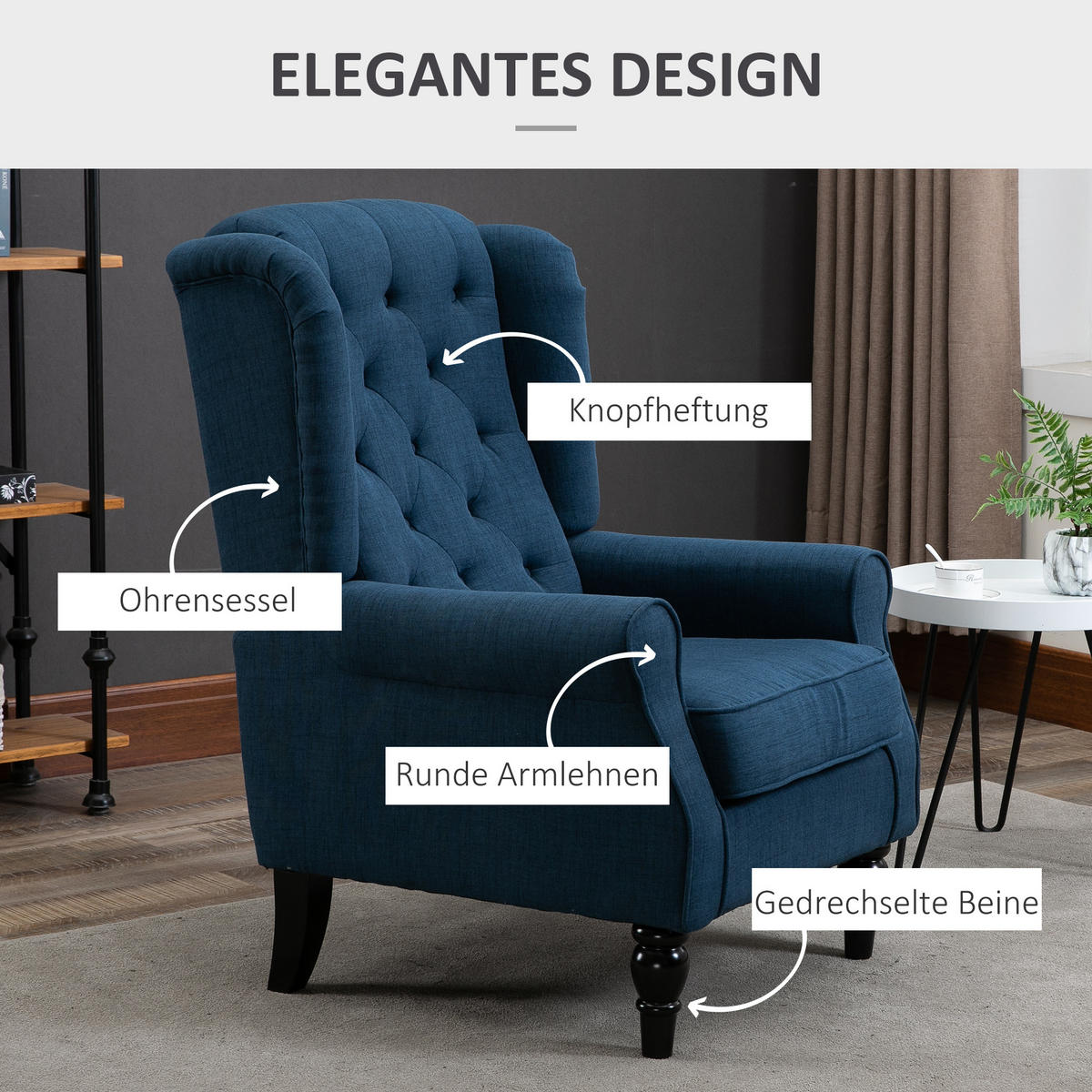 OHRENSESSEL Gepolstert Sessel mit Tufting, hoher Rückenlehne bis 160 kg, Blau - Blau/Schwarz, Holz/Textil (86/102/74cm) - HOMCOM