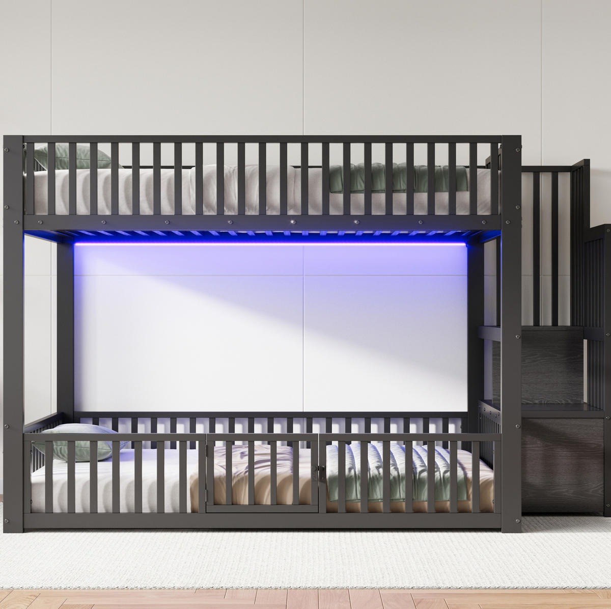 ETAGENBETT 140/200 cm aus Metall und MDF mit LED-Beleuchtung und Stauraumleiter Schwarz - Schwarz, Holzwerkstoff (140/200cm) - Modenvie