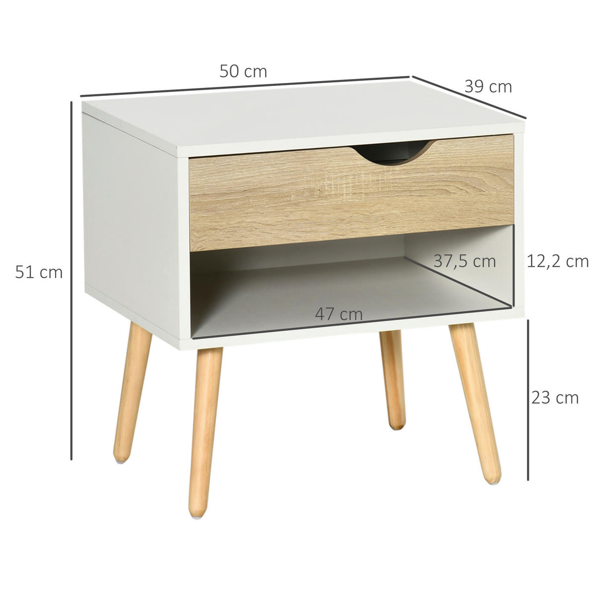 NACHTTISCH Weiß Natur Holz mit Schublade und offenem Fach - Eichefarben, Holzwerkstoff (50/51/39cm) - PANGIVO