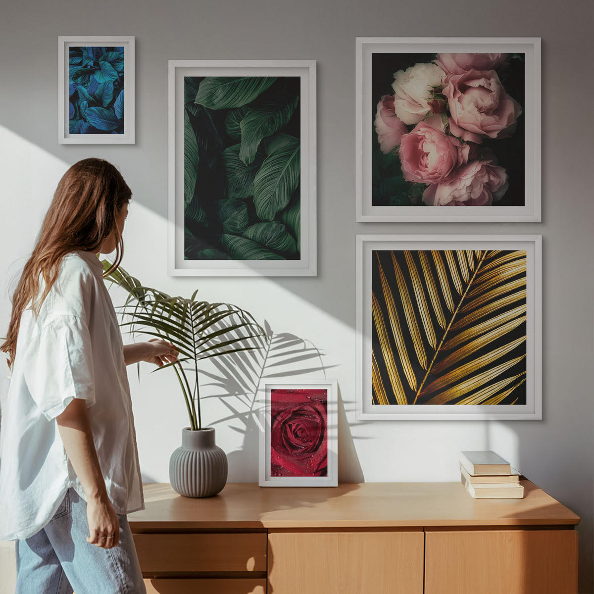 WANDBILDER 5er-Set - 50x50 cm & 20x30 cm & 40x60 cm Weißer Rahmen - Abstrakte schwarze Muster - Weiß, Kunststoff (40/60cm) - ArtPrintCave